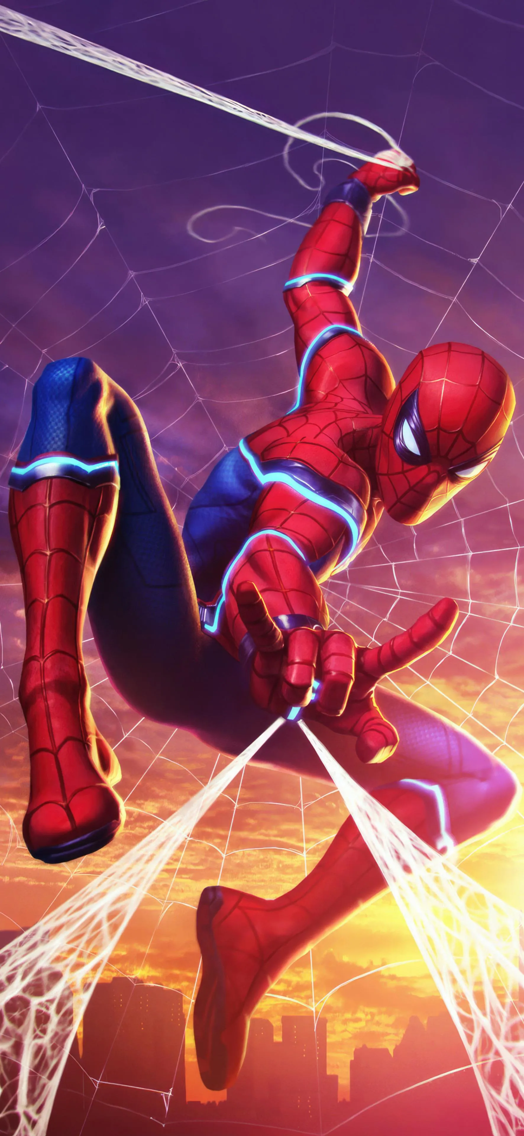 Spider man swinging through city with web lines Wallpaper
