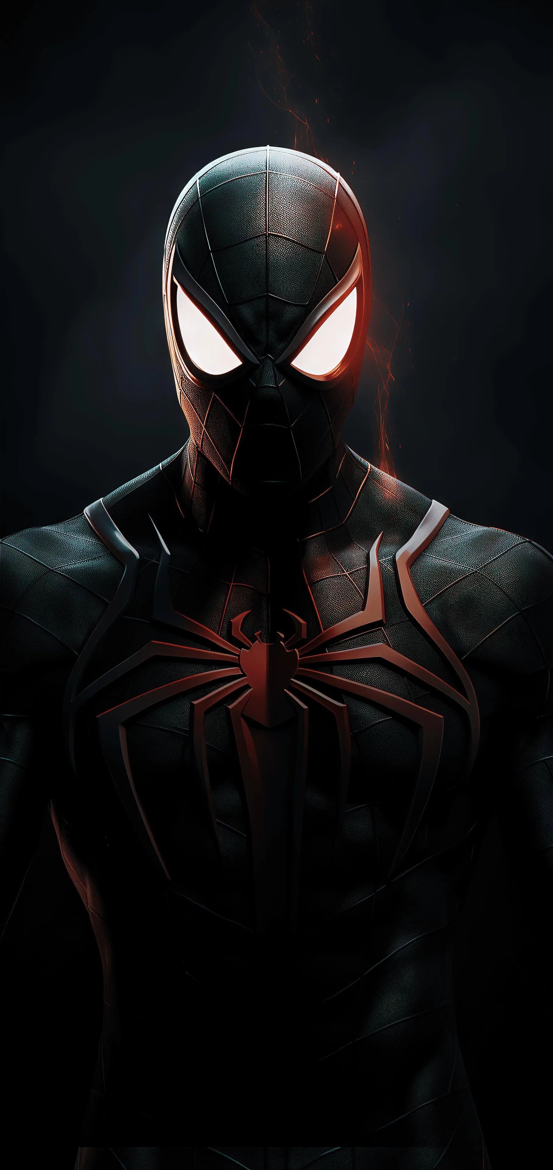 Spider Man wearing black suit in dark background Wallpaper