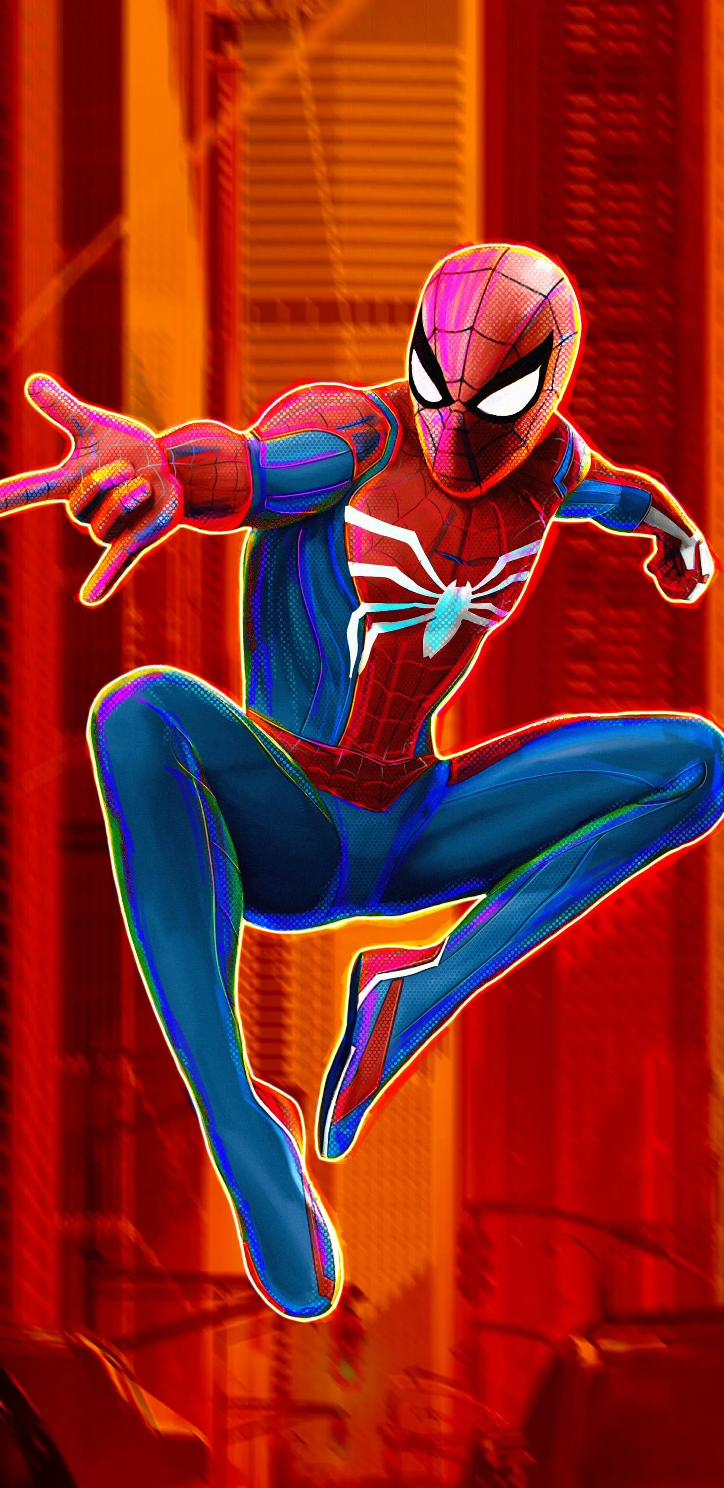 Spiderman swinging forward in action pose on red backdrop