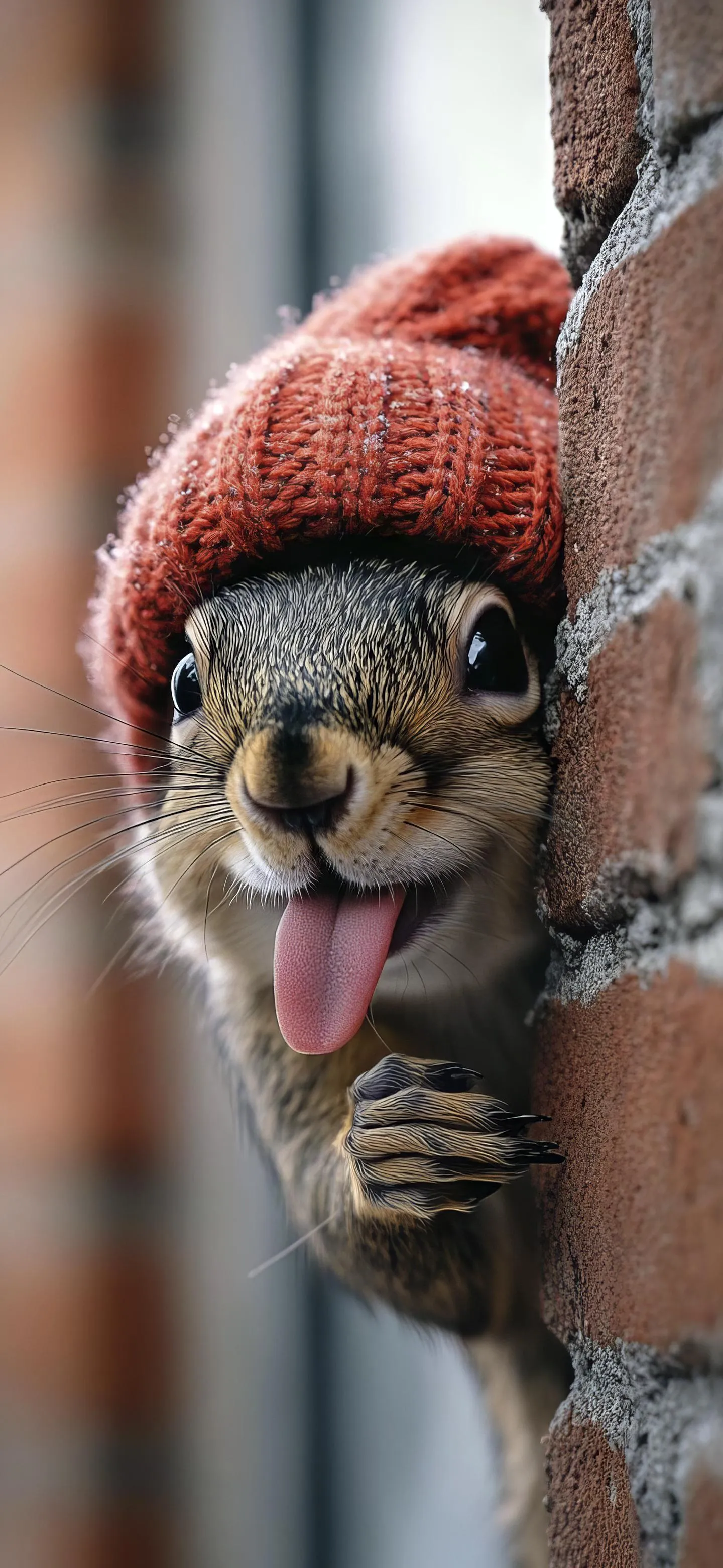 Squirrel Wearing Winter Hat Peeking from Behind Tree