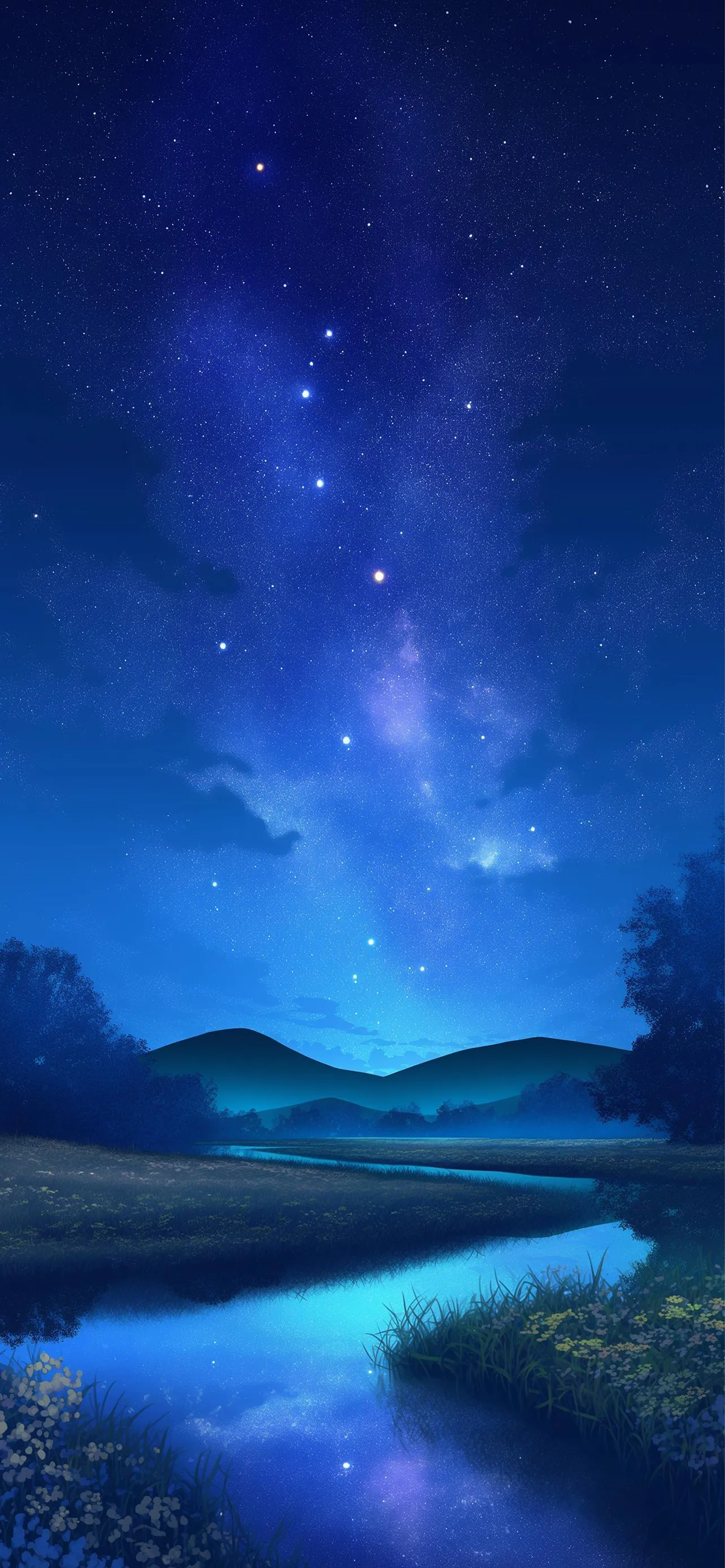 Starry night sky over serene mountain lake view Wallpaper