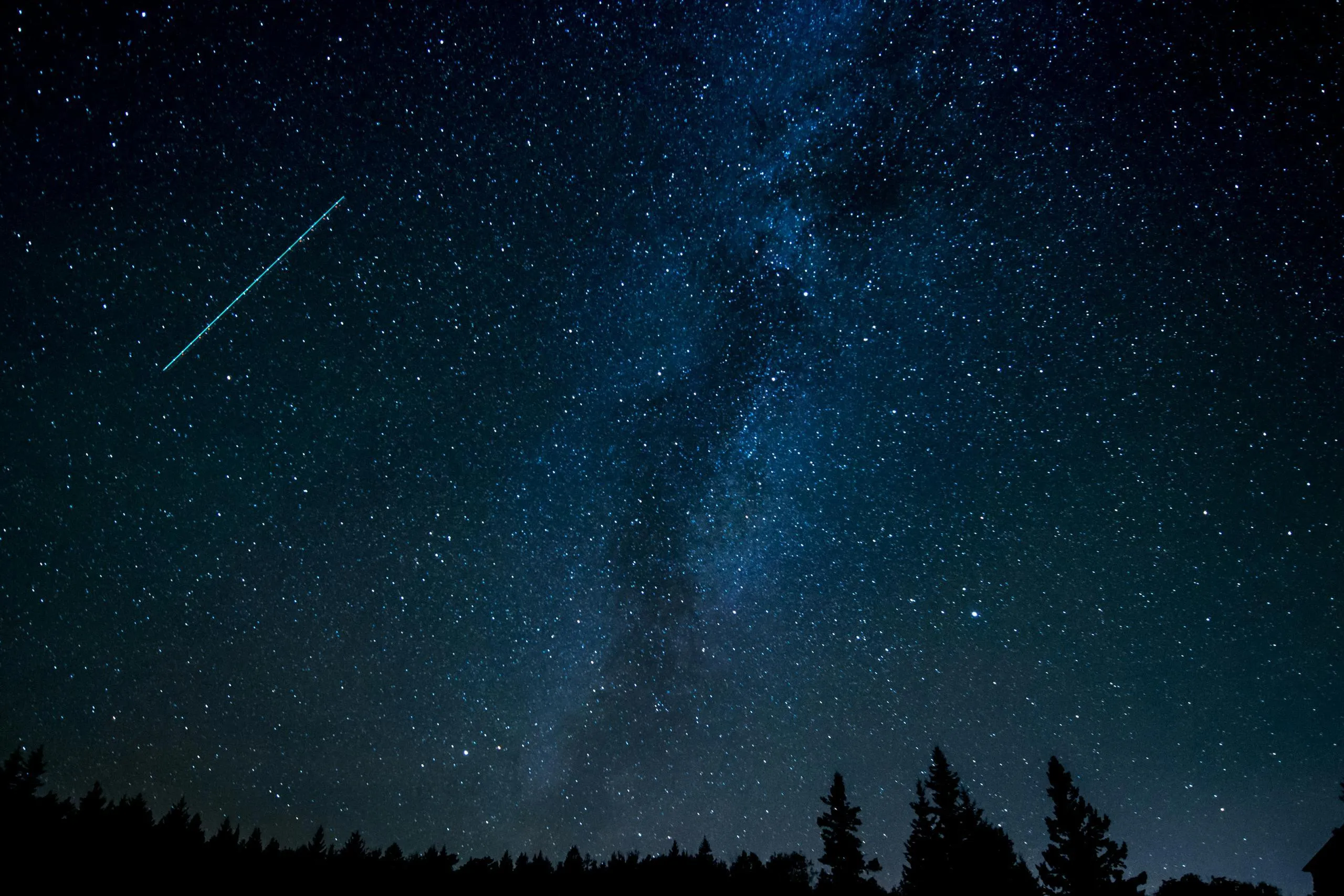 Starry night sky with a shooting star over a dark forest