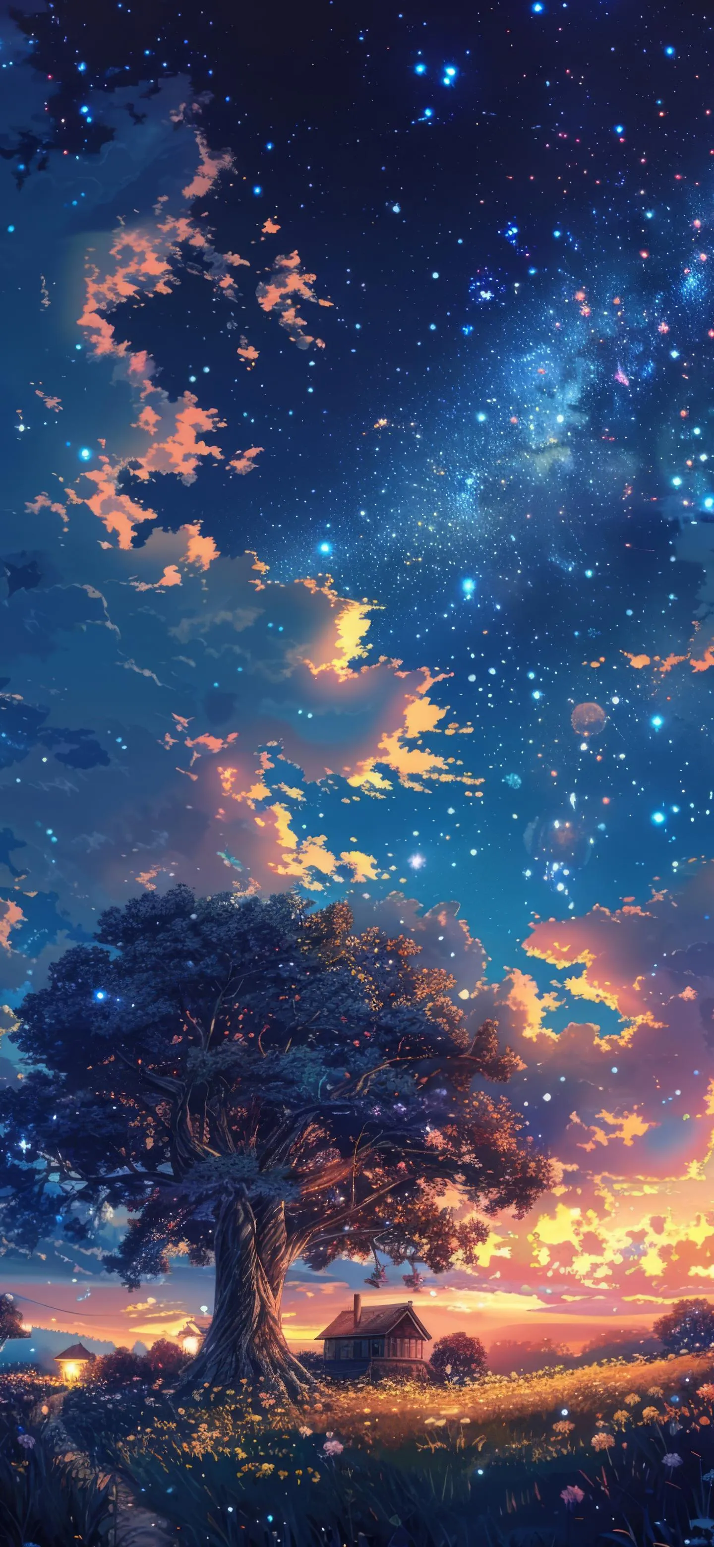Starry Night Sky with Clouds and Purple Blue Gradient
