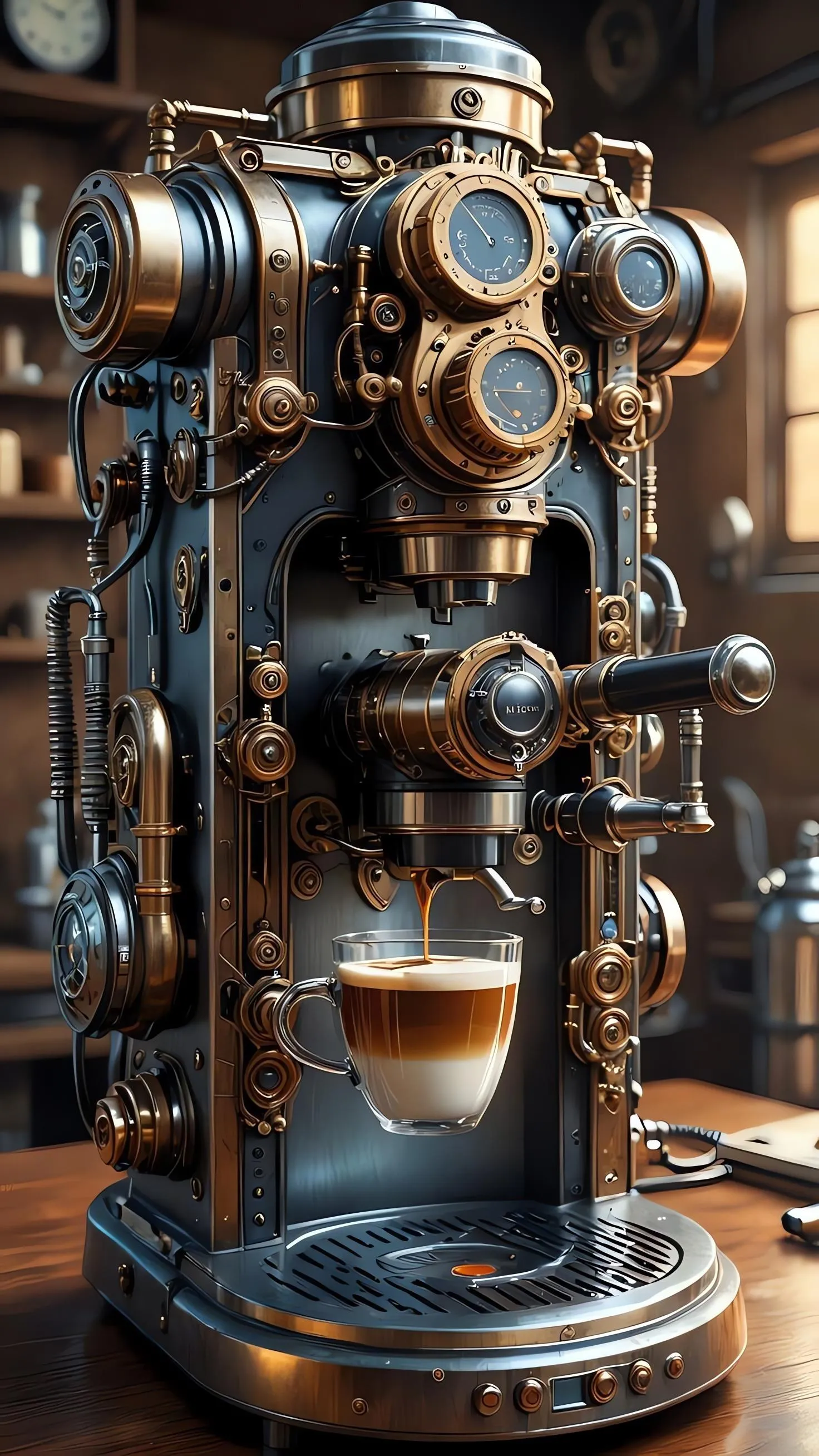 Steampunk Coffee Machine with Pipes and Brass Design