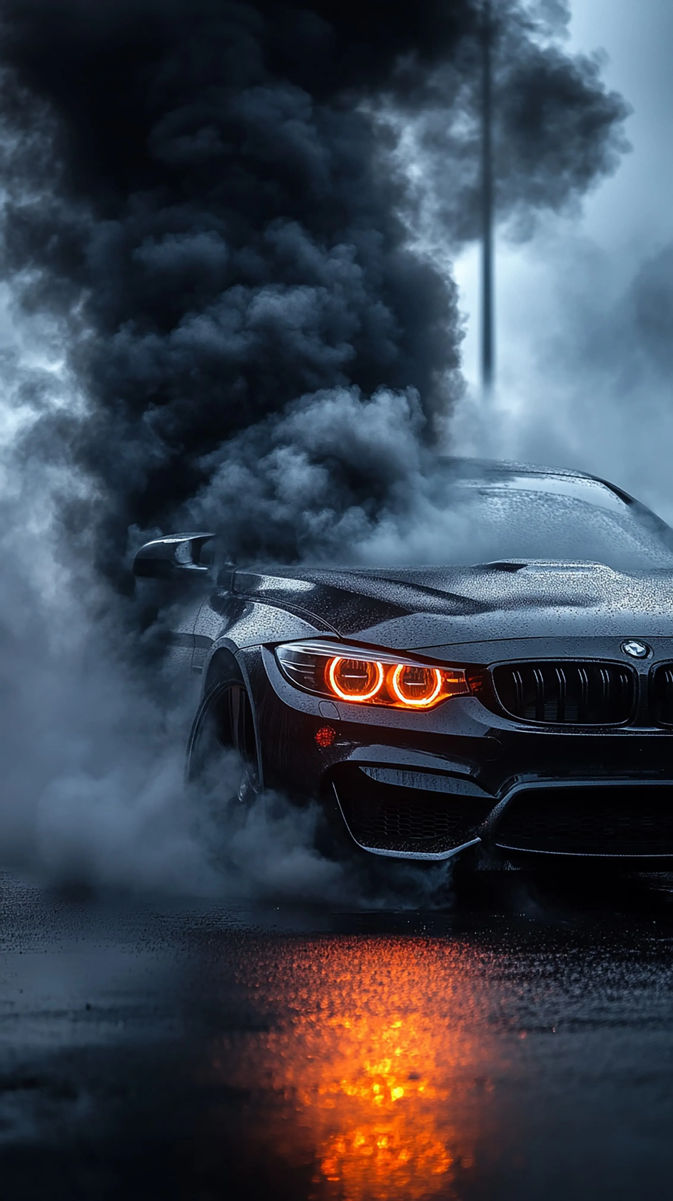 Stormy Road with Glowing Car Eyes in the Distance Wallpaper