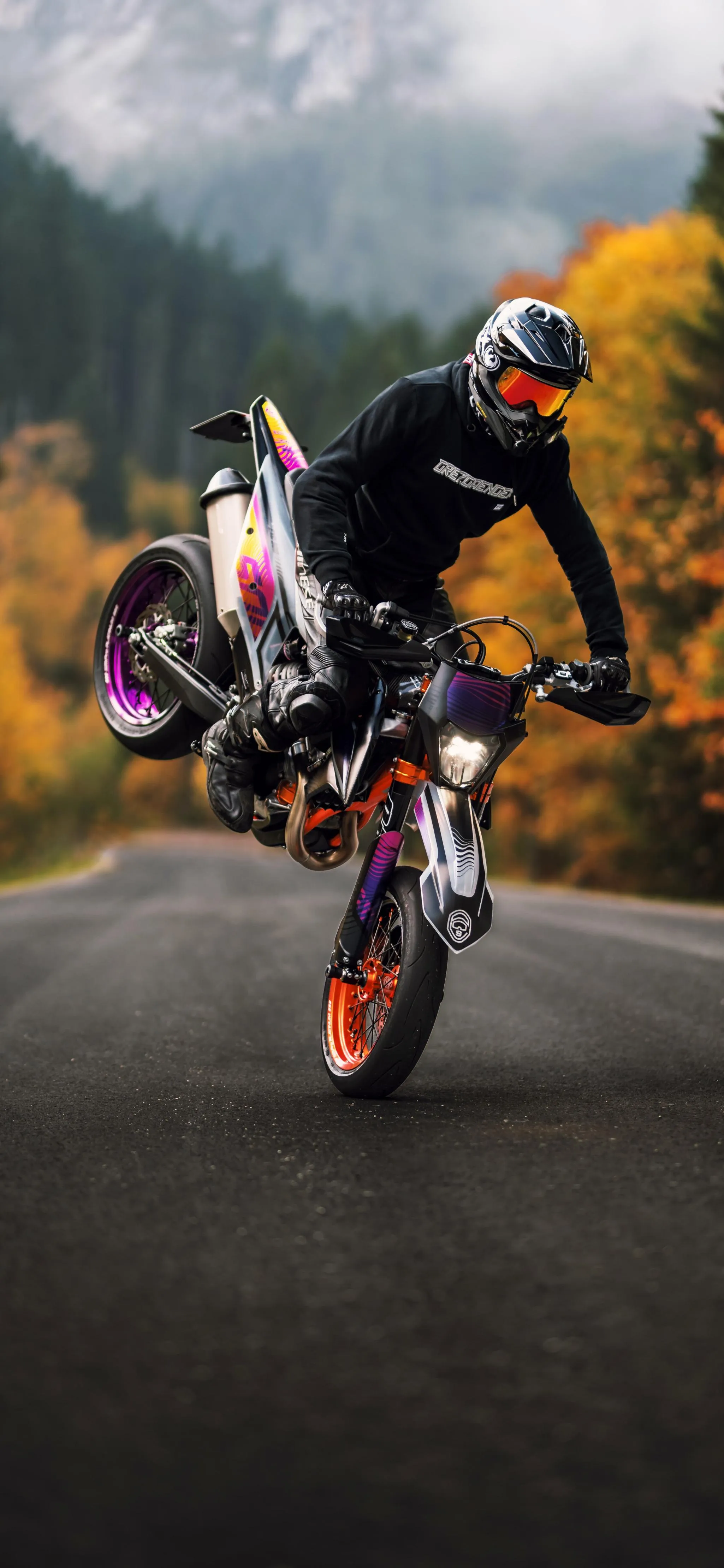 Stunt Rider Performing Wheelie on Forest Road Wallpaper