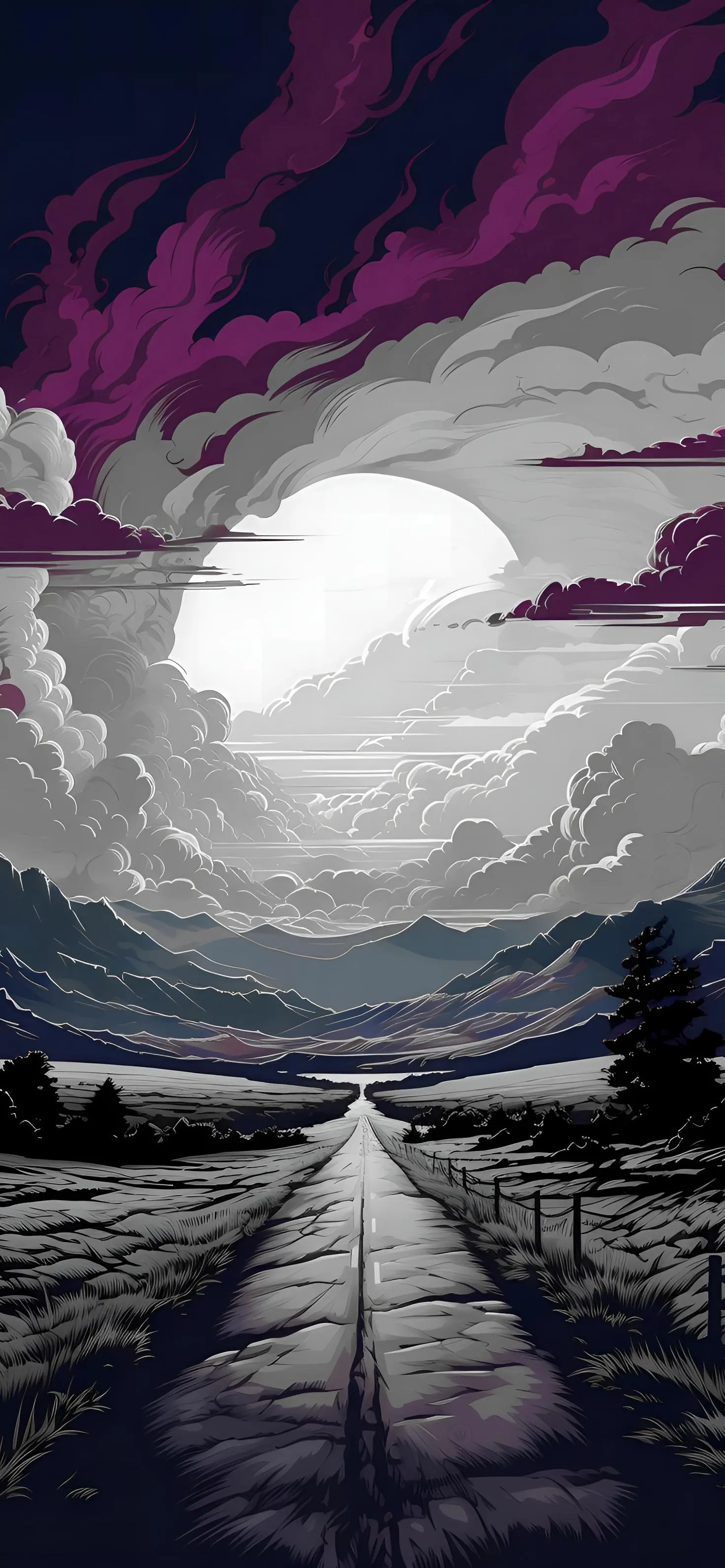 Stylized Open Path Under Moon with Stormy Sky Wallpaper