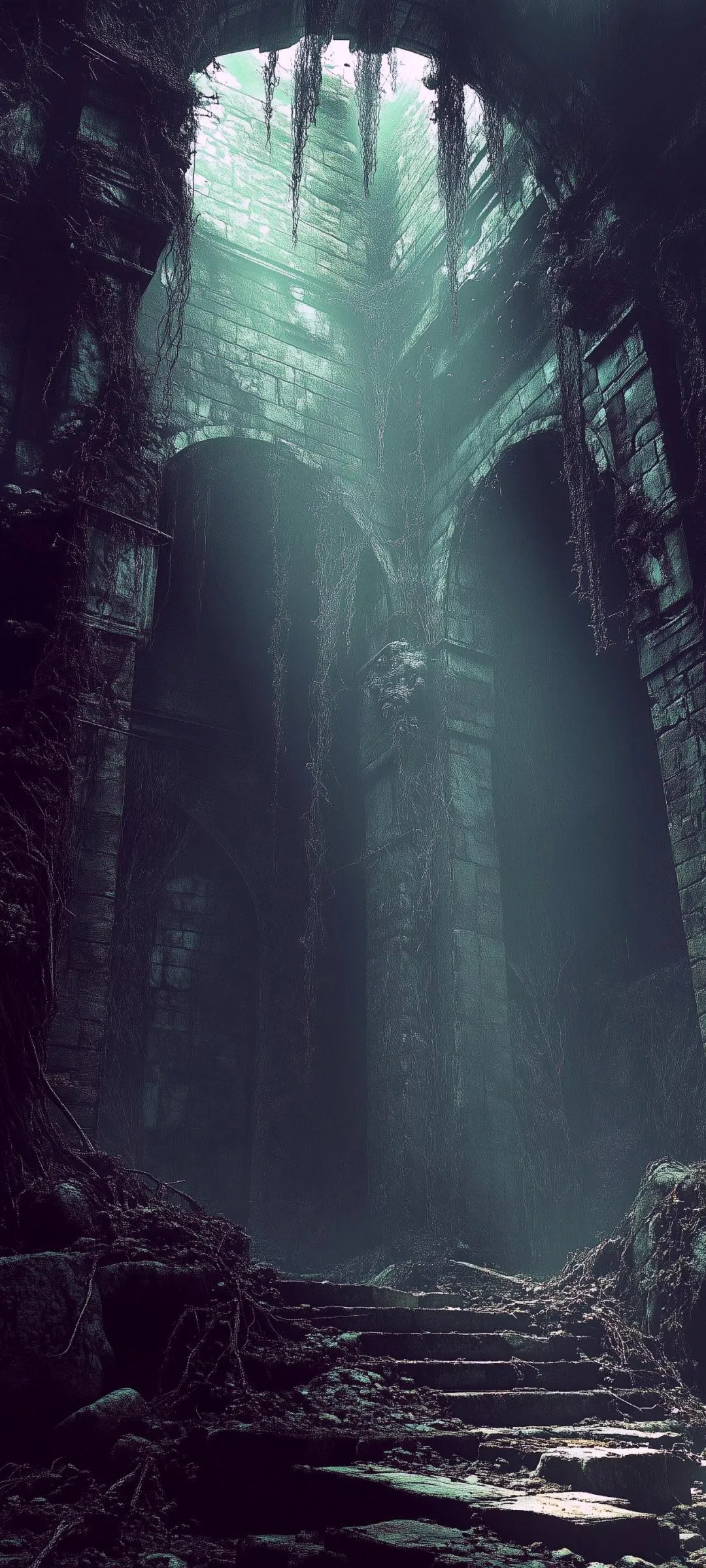 Sunlight Breaking Through Ancient Dark Forest Ruins