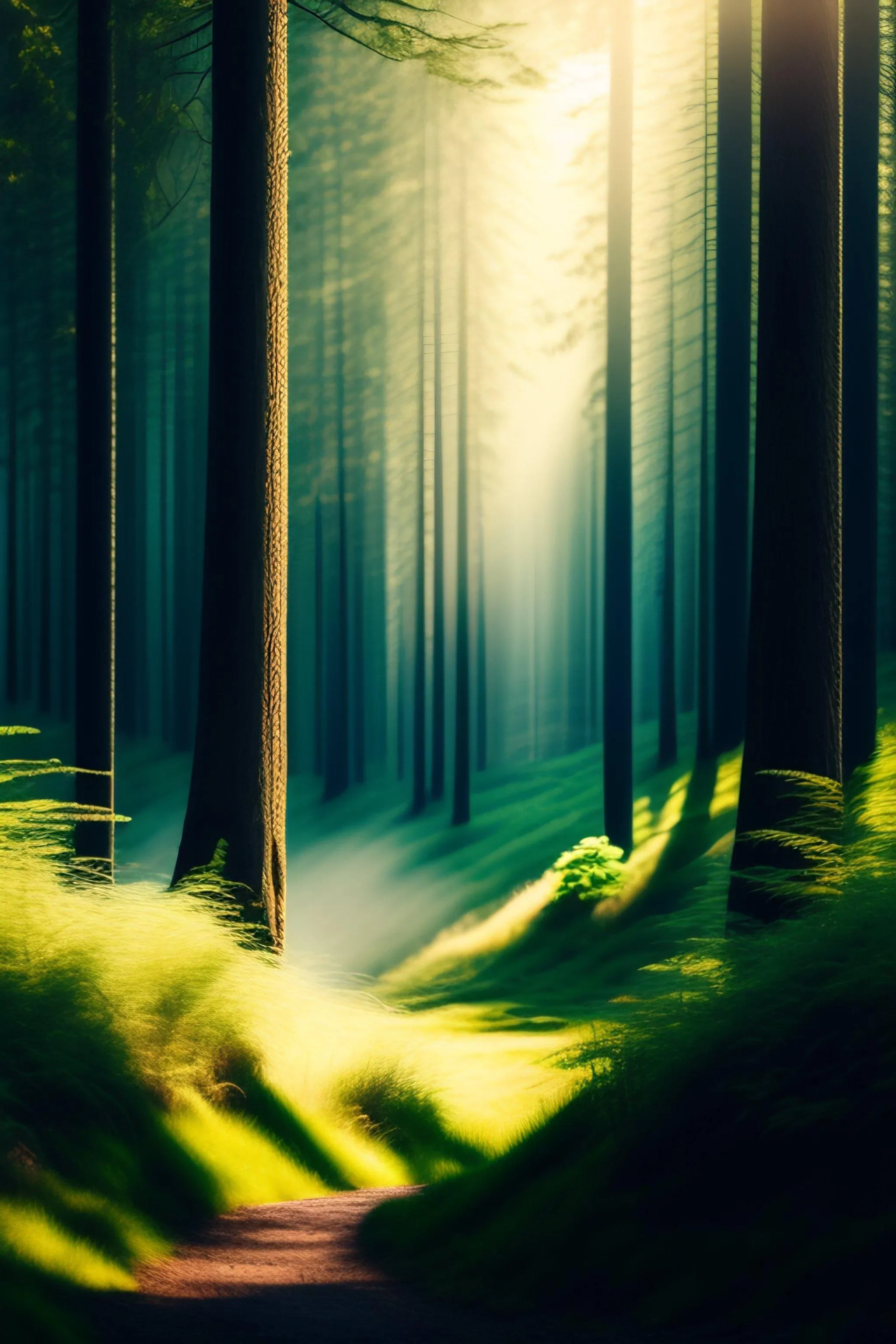 Sunlight Piercing Through Dense Green Forest Trees Wallpaper