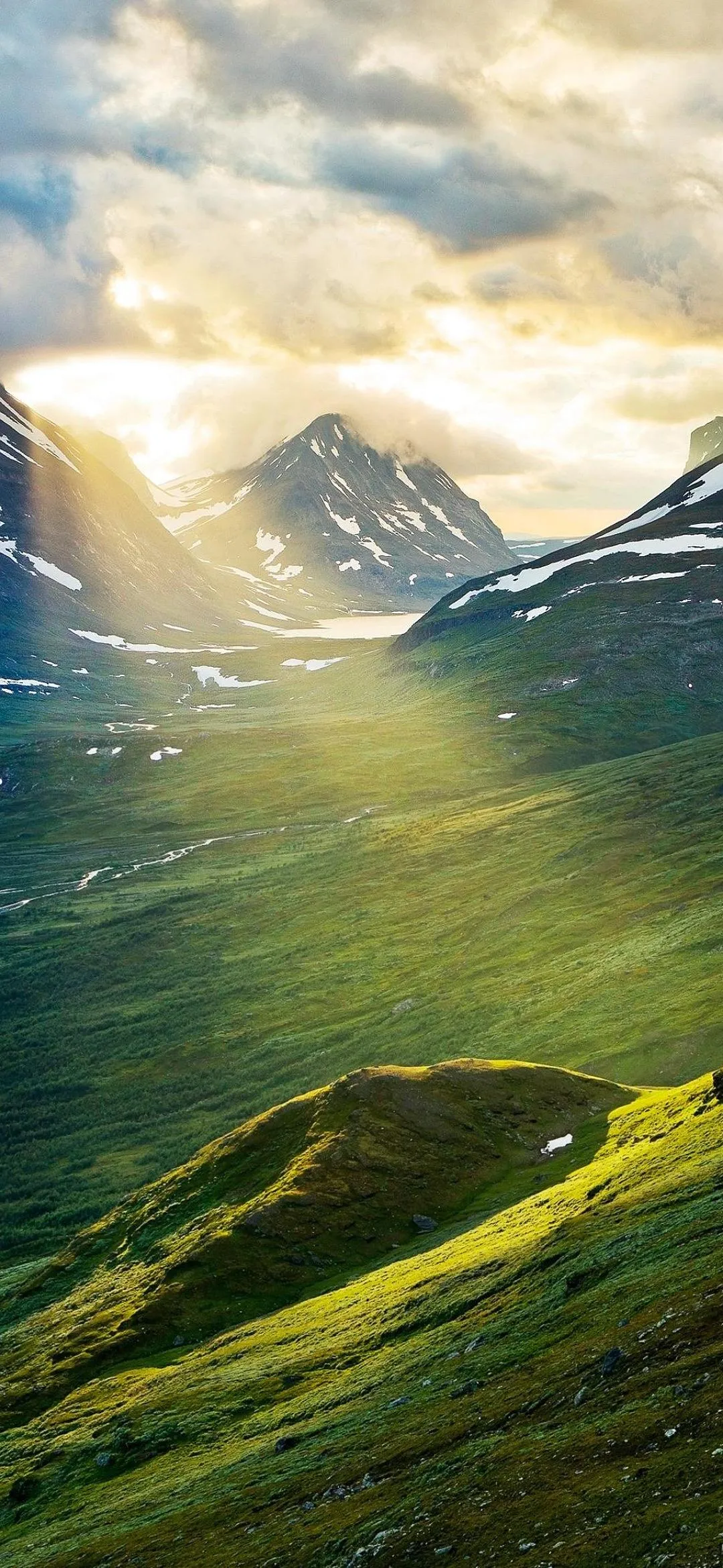 Sunlit green valley landscape with distant snowy mountains