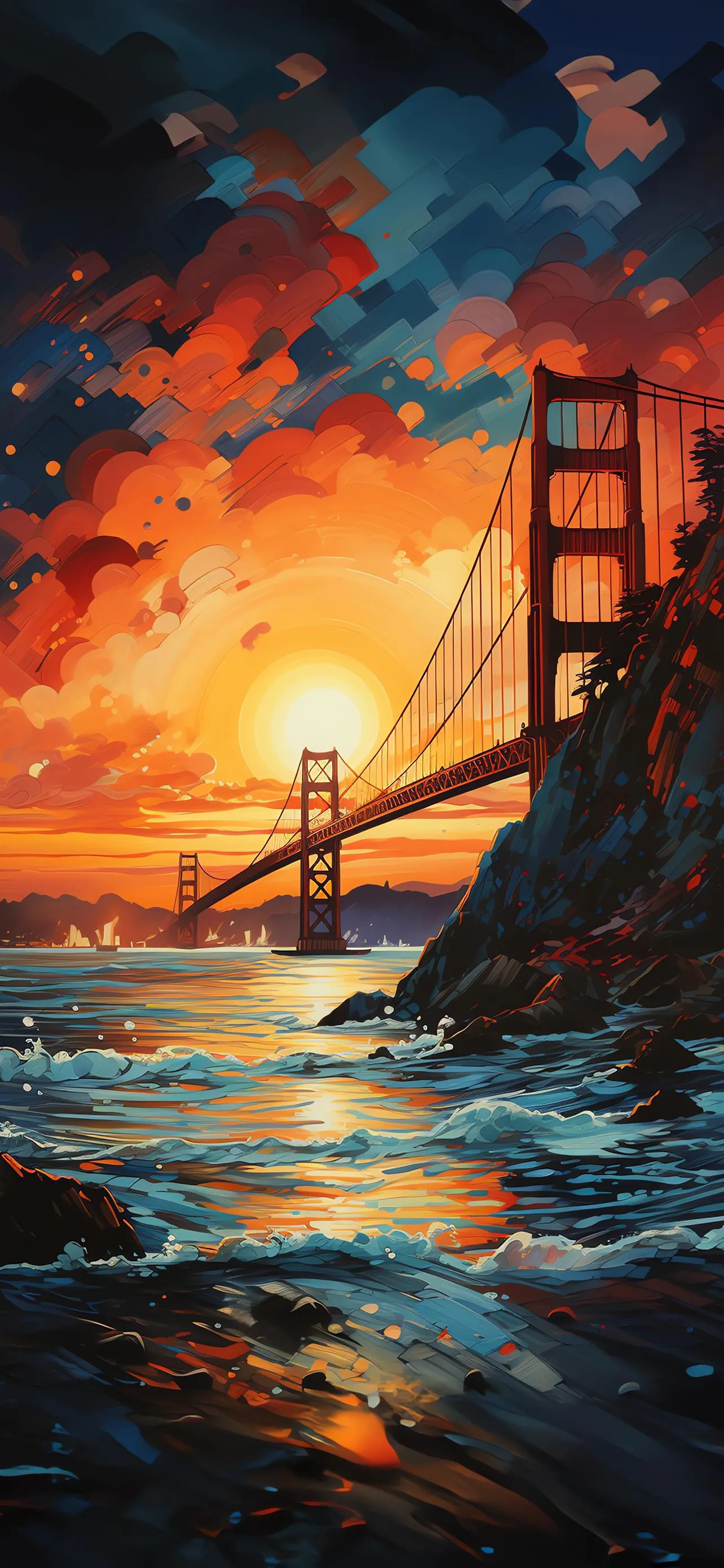 Sunset Over Bay Bridge with Fiery Sky Reflected in Water