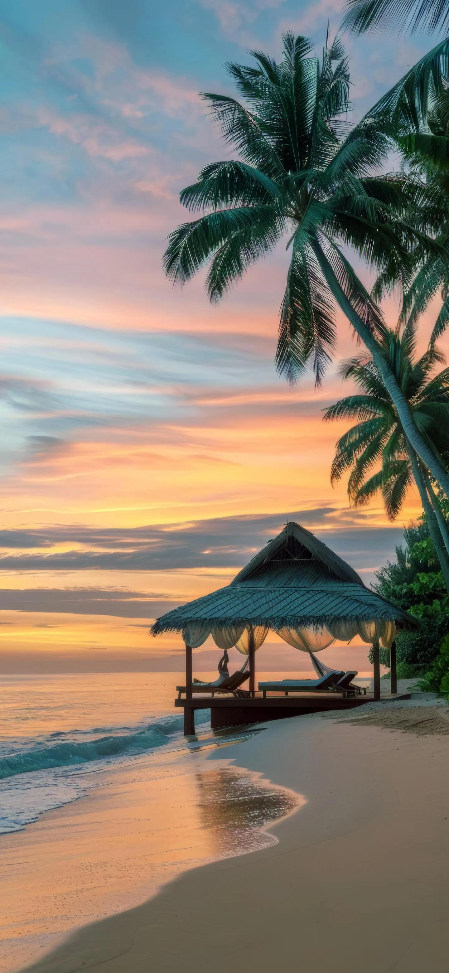 Sunset Over Beach Hut with Calm Ocean and Palm Trees