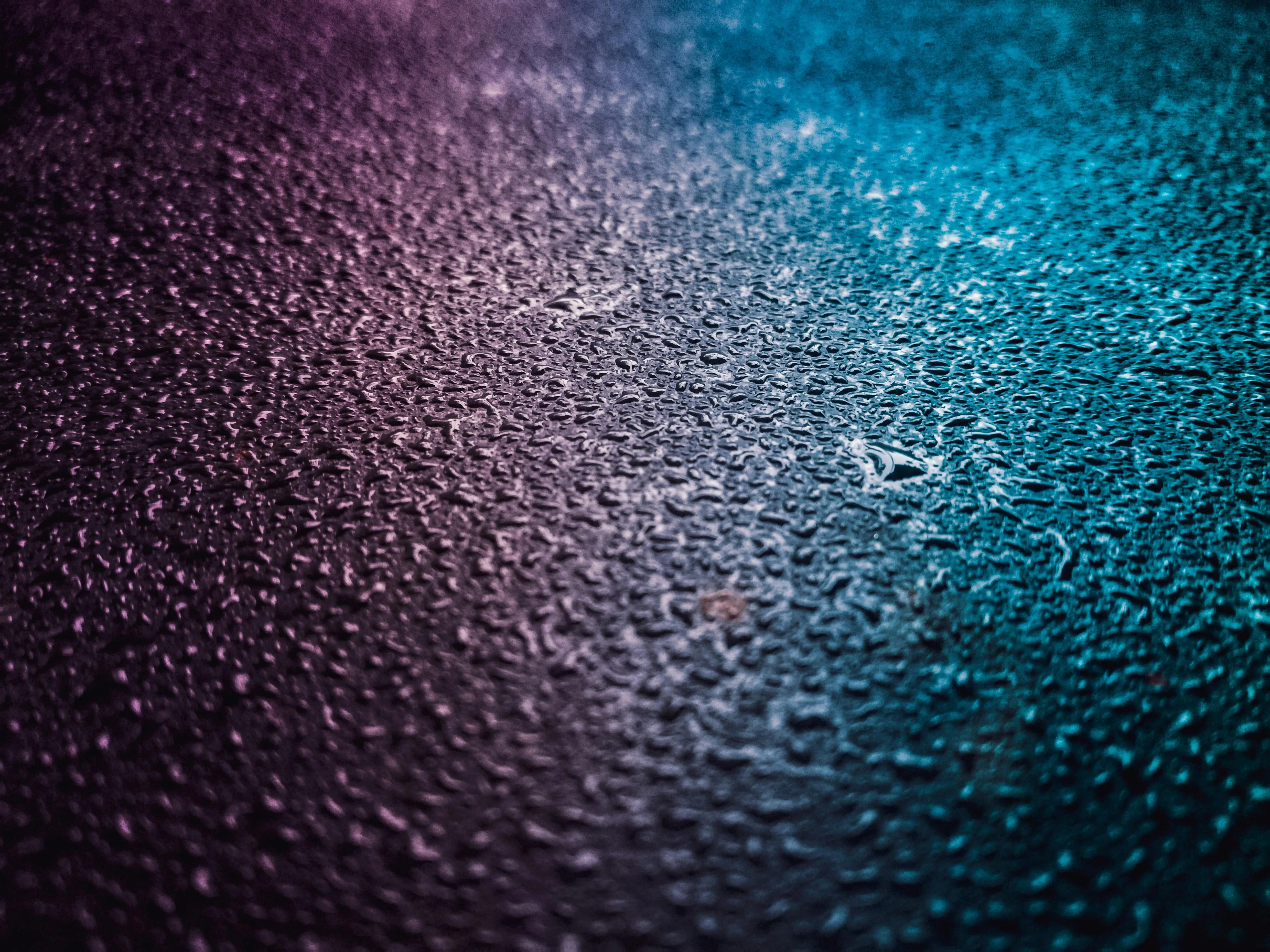 Surface covered with water droplets in blue and purple light