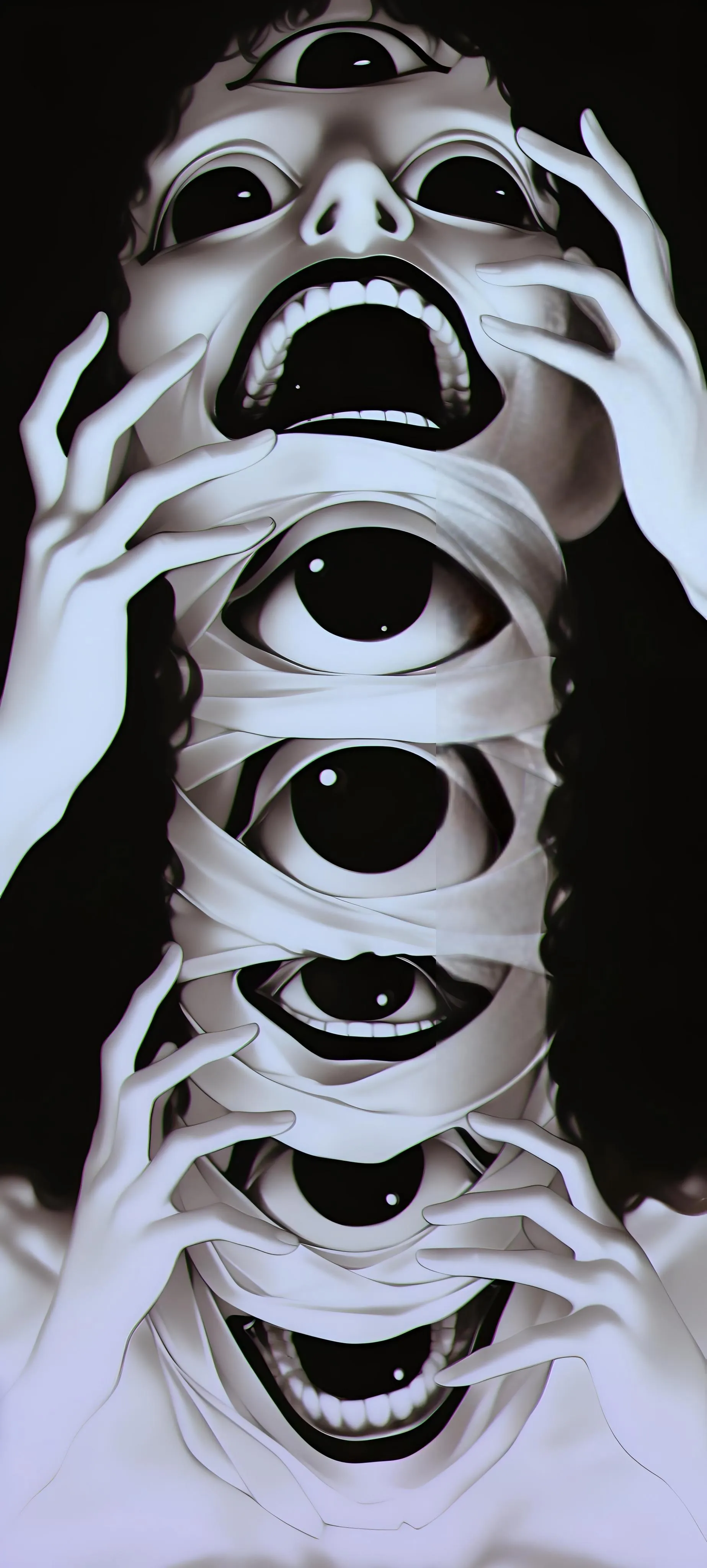 Surreal artwork showing multiple eyes and mouths Wallpaper