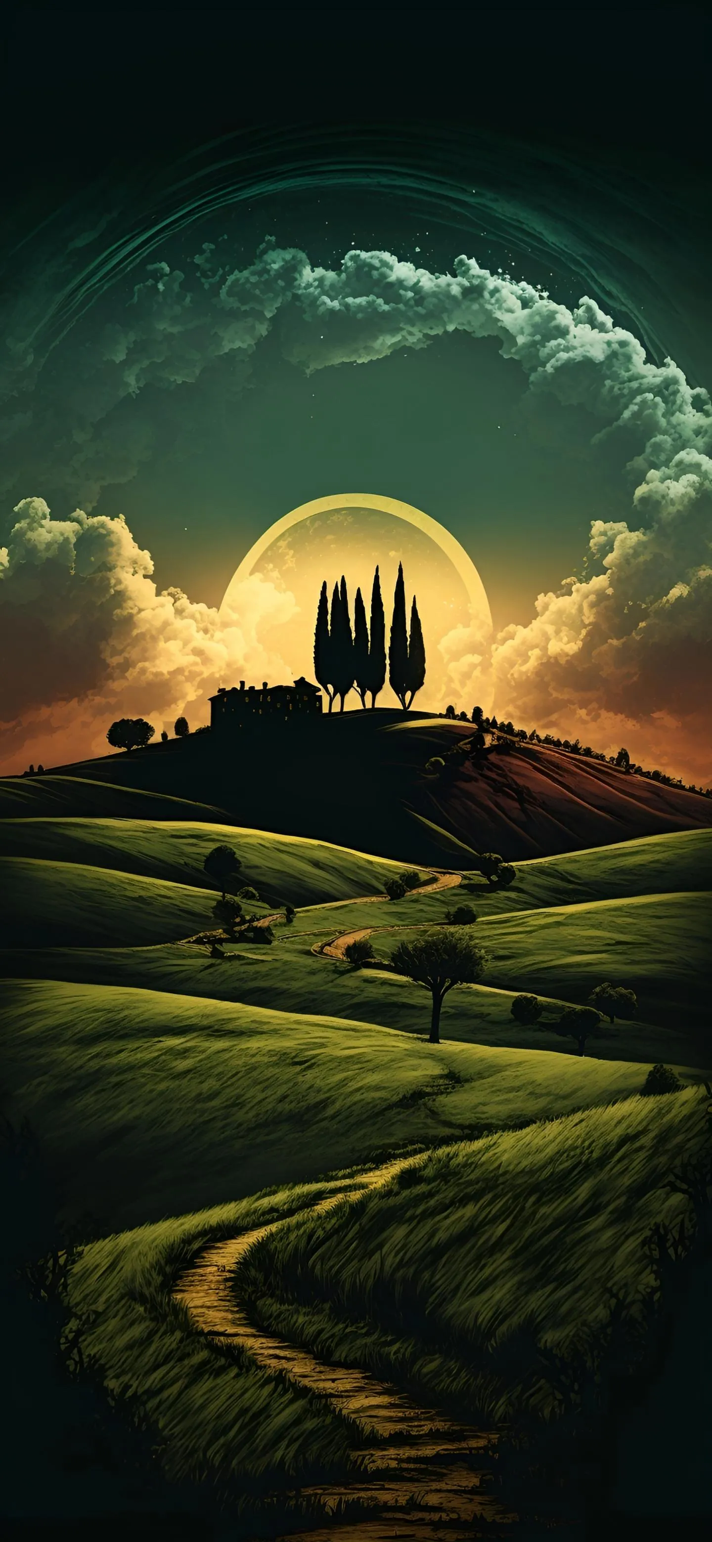 Surreal Futuristic Landscape with Glowing Green Field