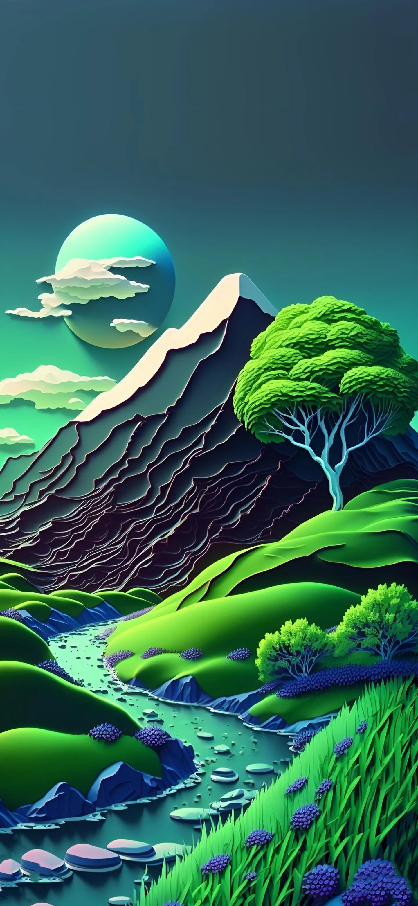 Surreal Landscape with Green Hills and Moon Background