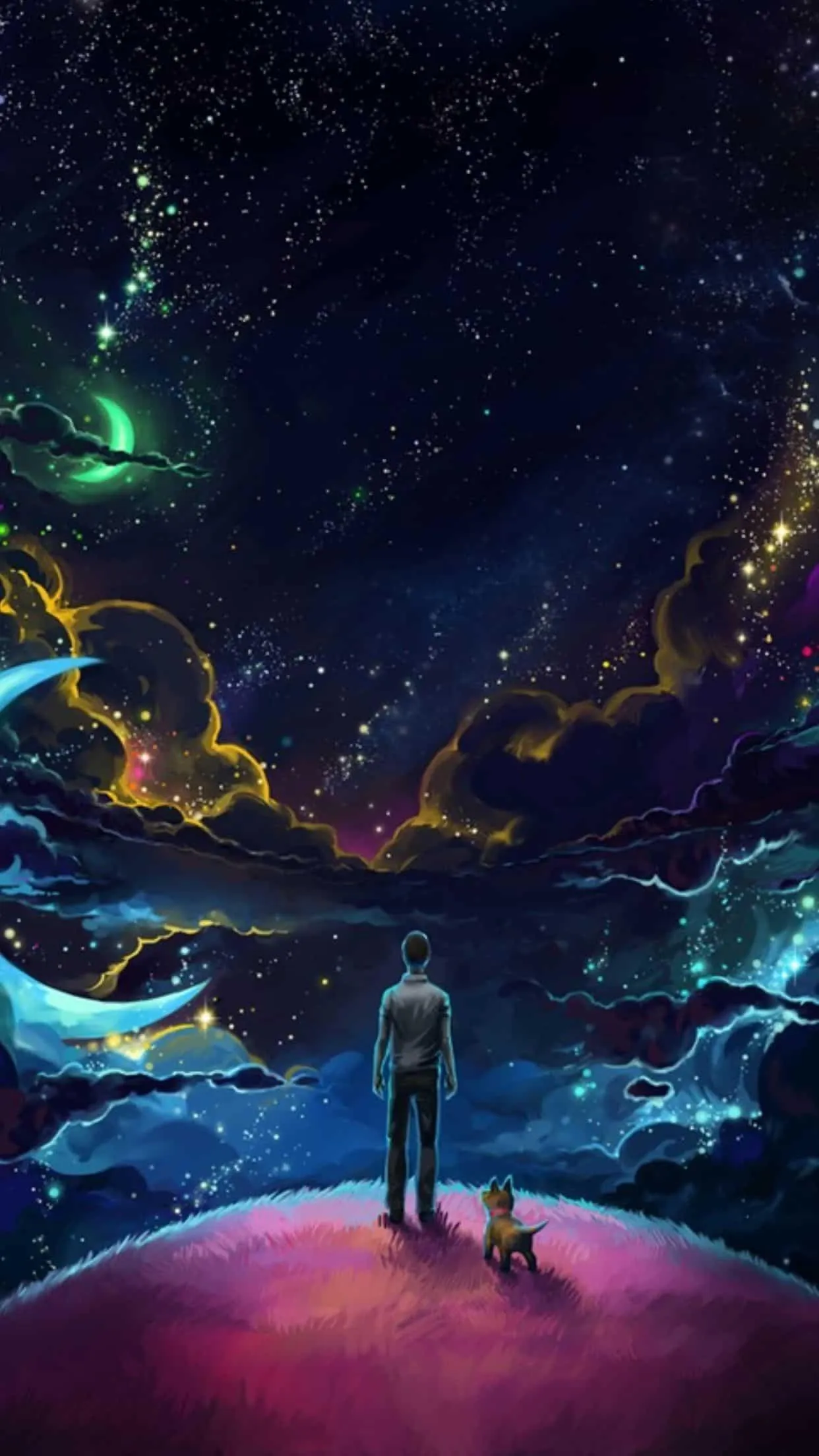 Surreal night sky scene with a person and a dog on a cliff