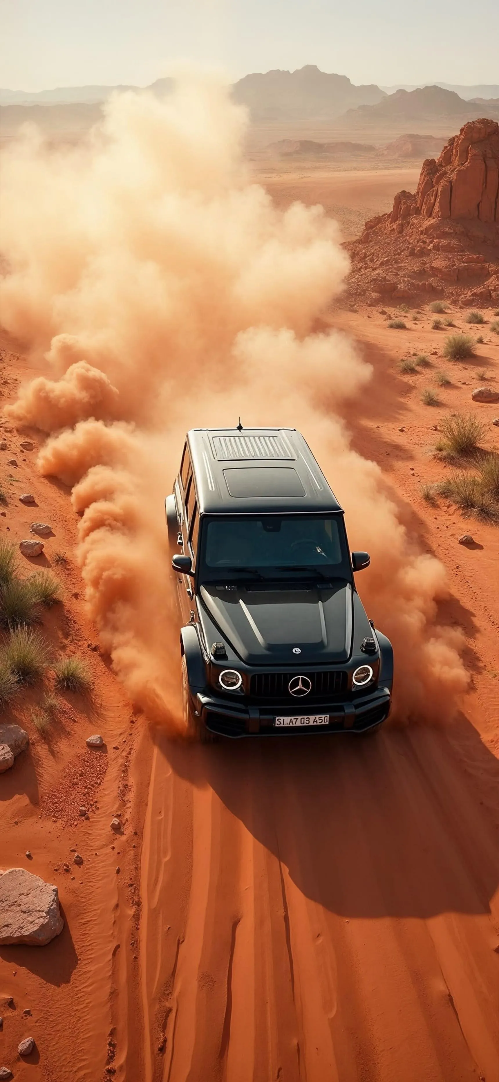 SUV Racing Through Red Desert Kicking Up Dust Trail