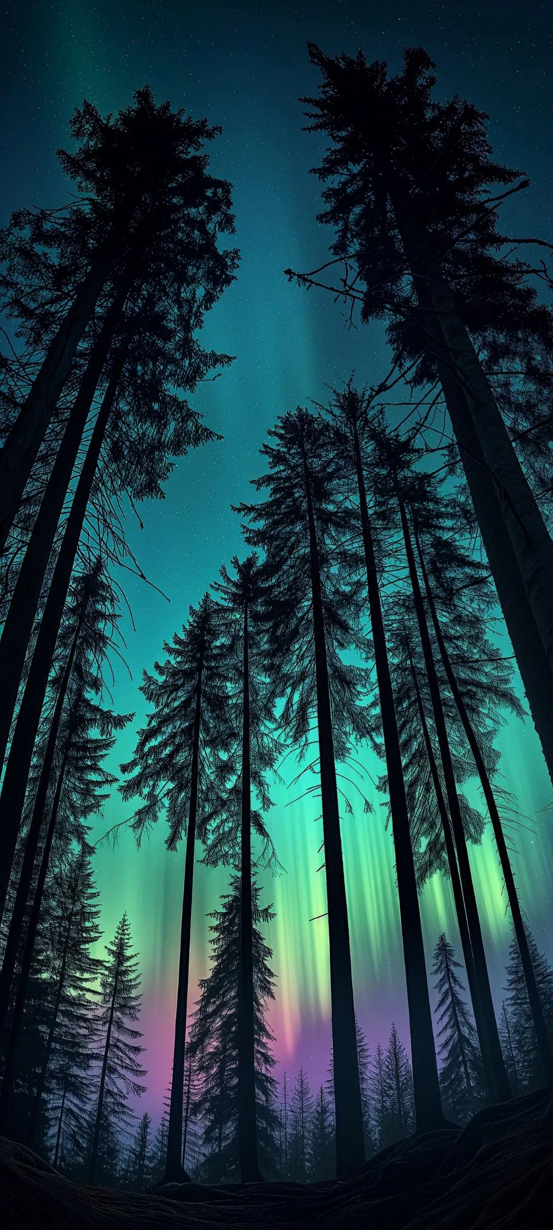 Tall Trees Silhouetted Against Purple and Blue Night Sky
