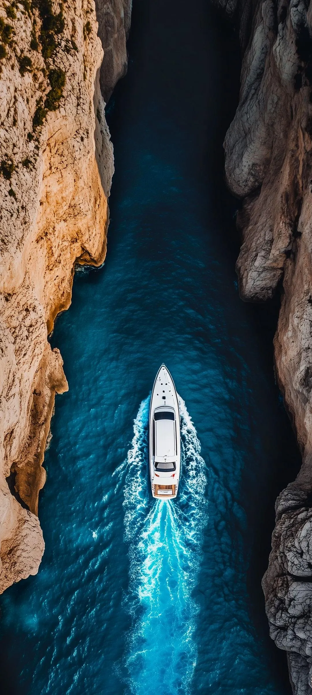 Top View of Boat in Narrow Blue Water Between Cliffs Mobile
