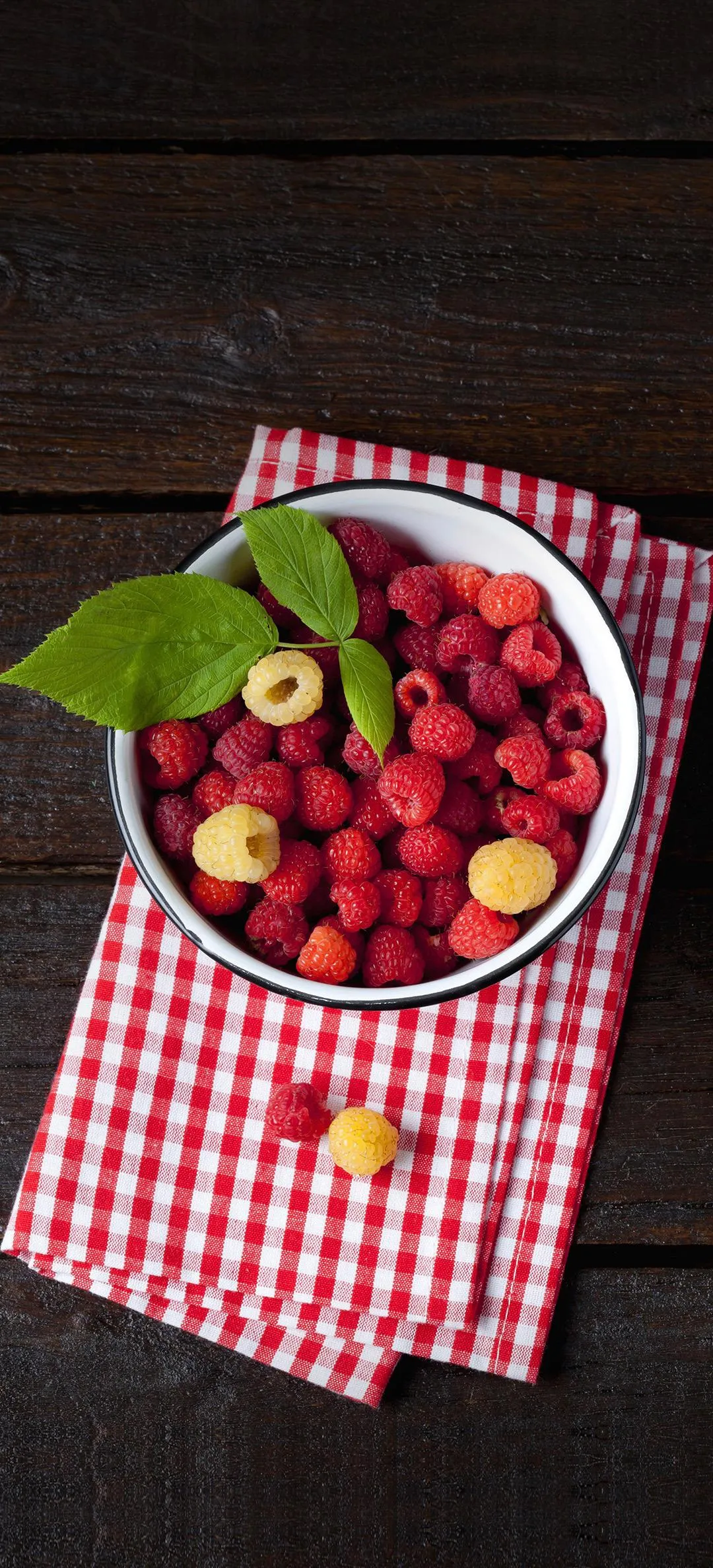 Top View of Cherries on Table with Red Plaid Cloth HD