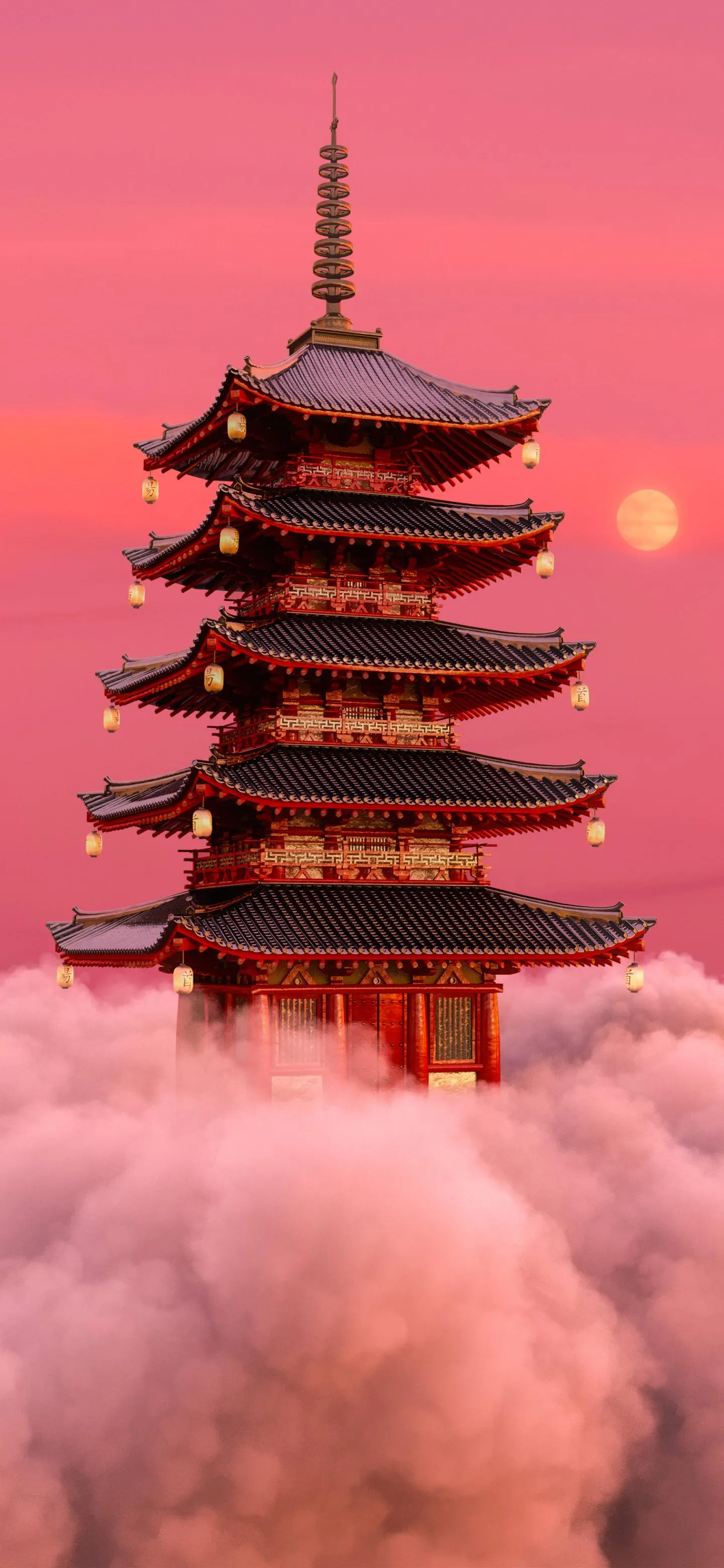 Traditional Japanese Pagoda with Pink Sky Backdrop