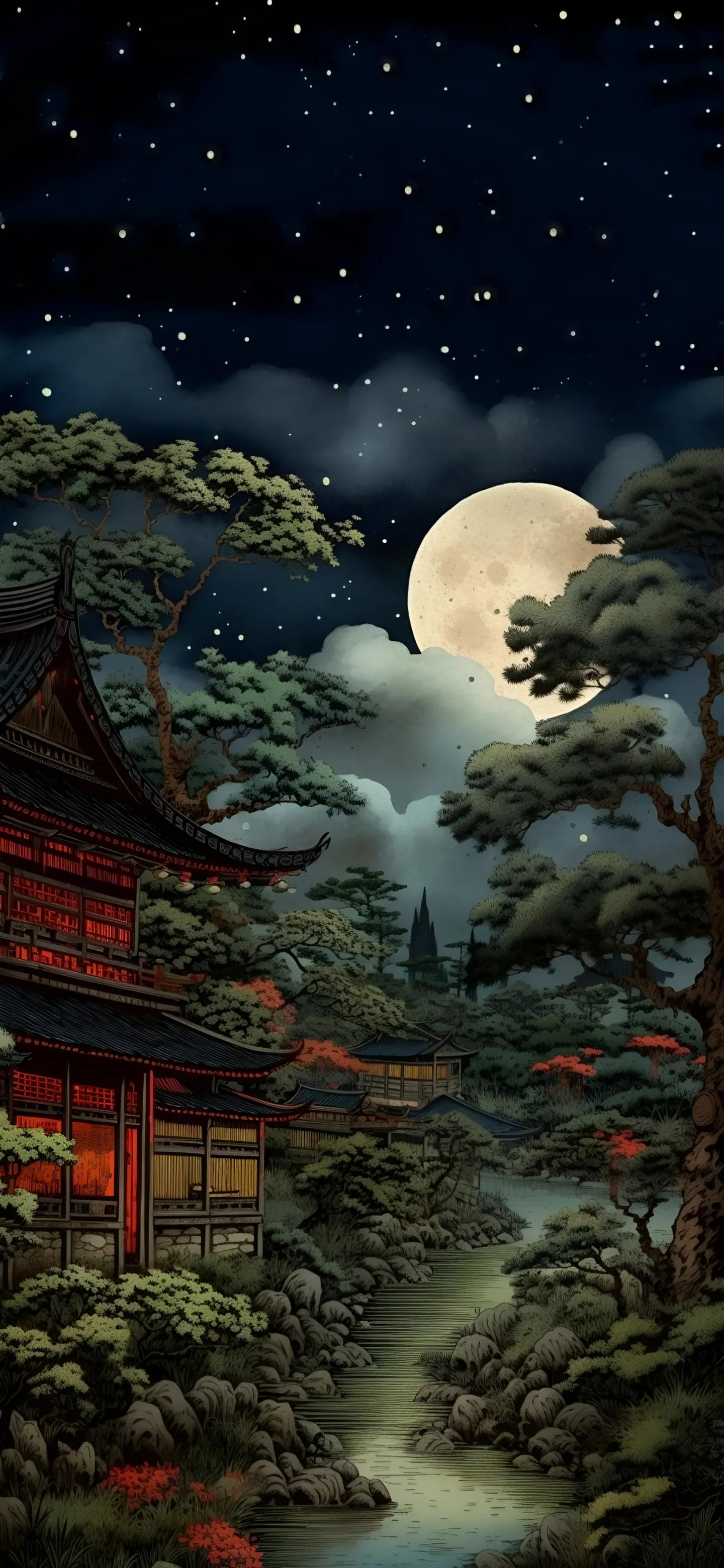 Traditional Japanese temple under full moon night Wallpaper