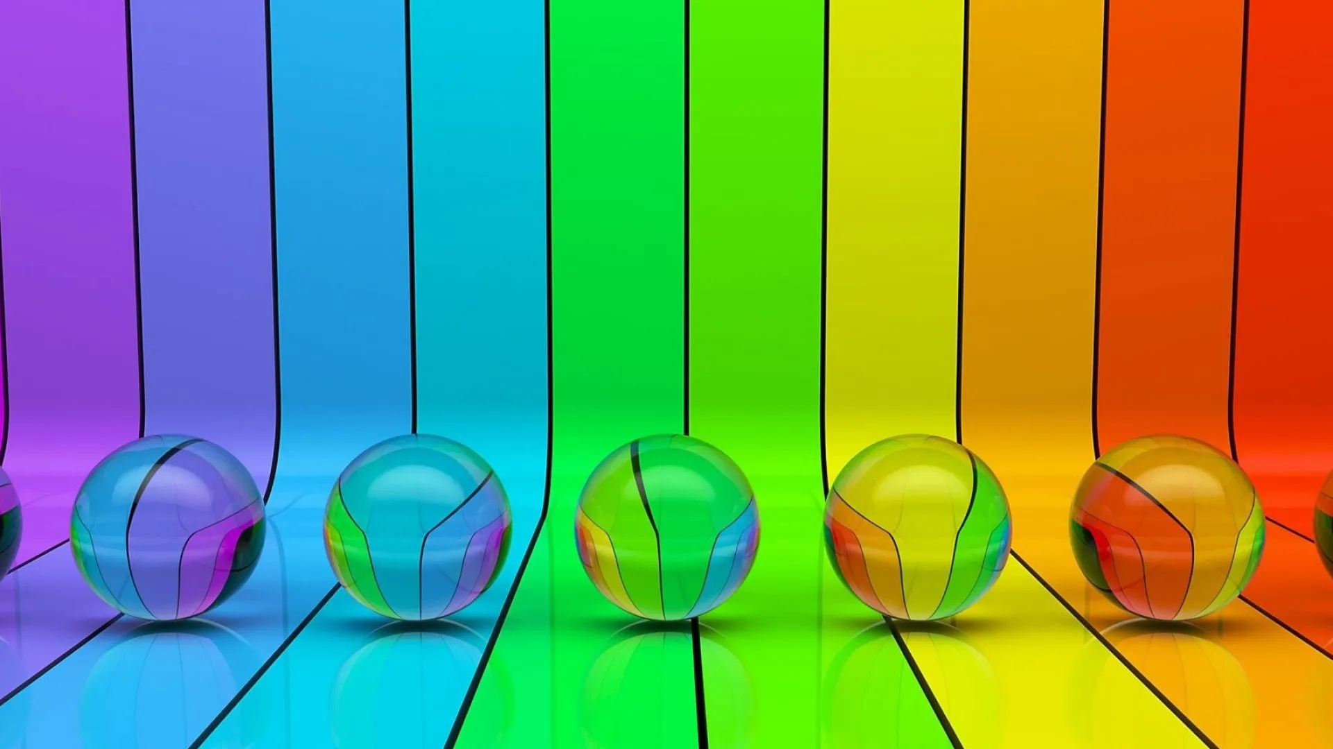 Transparent spheres on a rainbow vertical stripes background