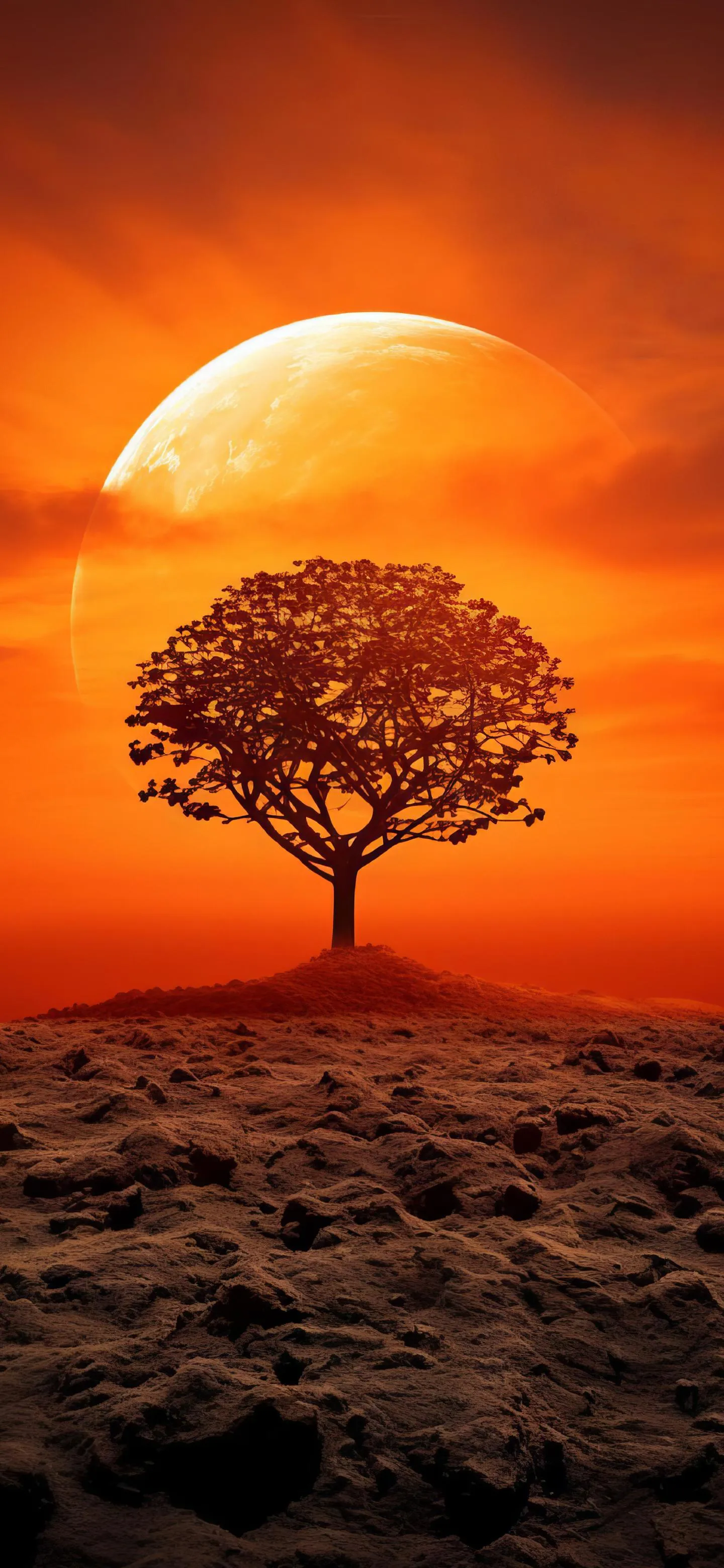 Tree Silhouette Against Orange Sunset with Dramatic Sky Mobile