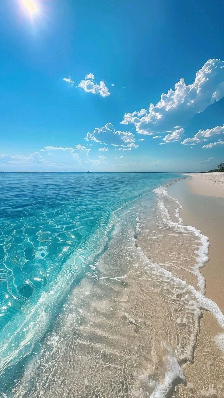 Tropical beach view with clear blue ocean and sky Wallpaper