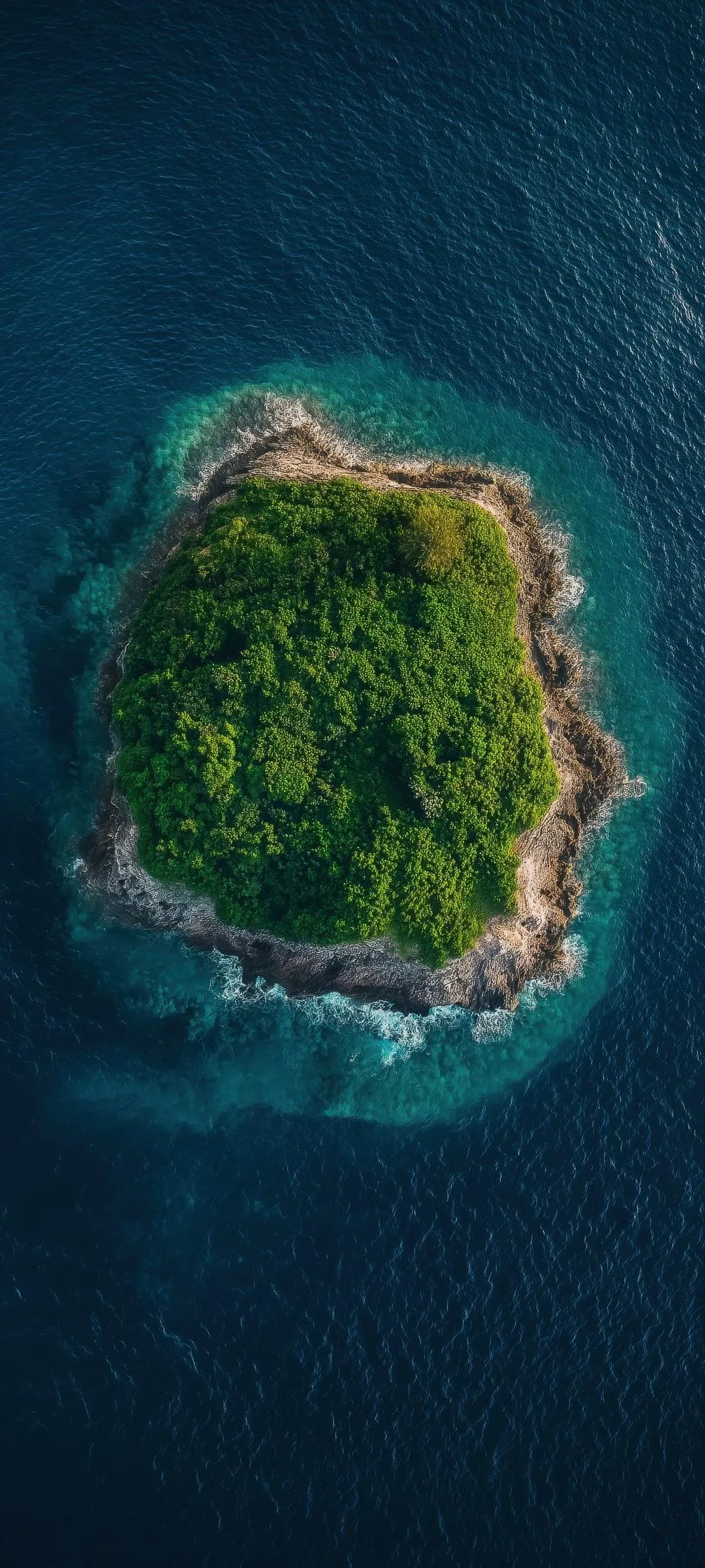 Tropical Island Surrounded by Blue Ocean from Above
