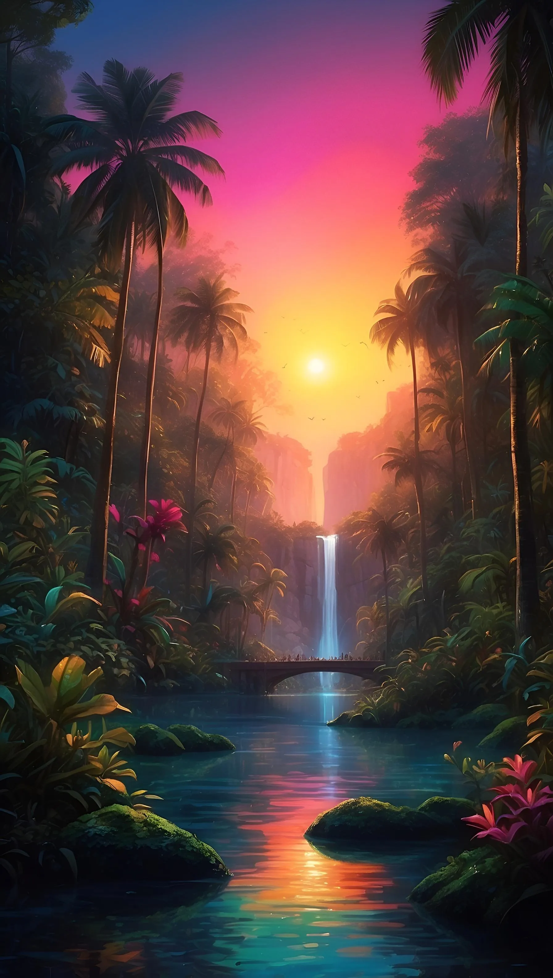Tropical Sunset Waterfall in Jungle with Lush Greenery