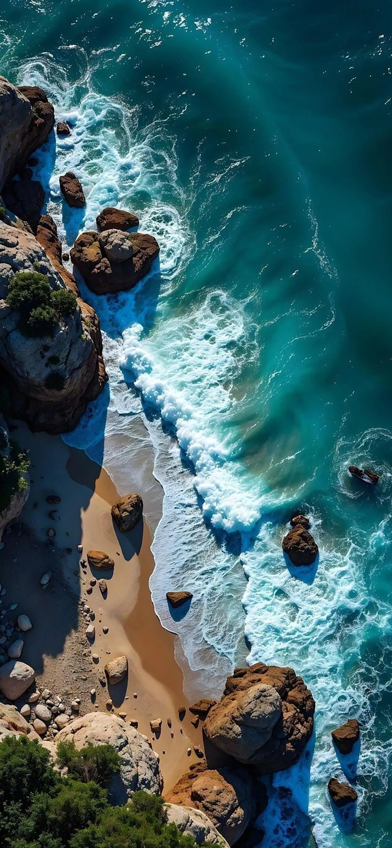 Turquoise Sea Crashing Against Rocky Shore Wallpaper