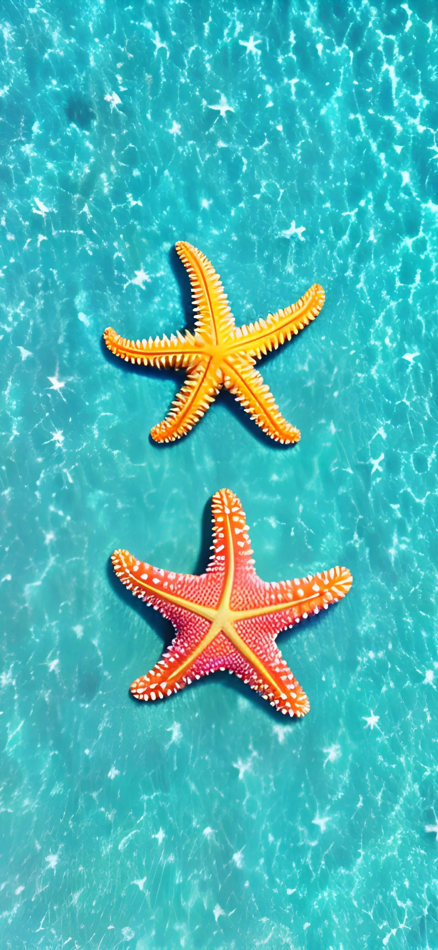 Two starfish resting on clear blue ocean water Wallpaper
