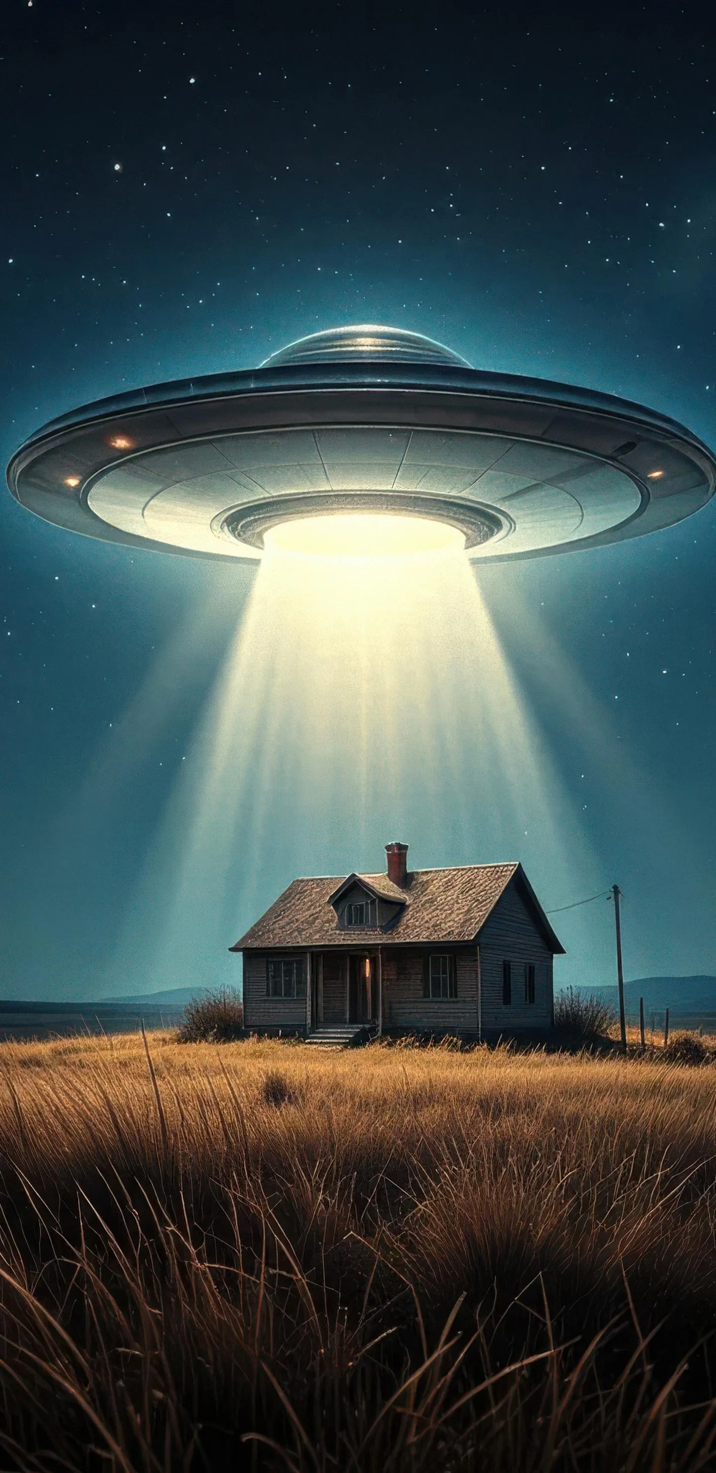 UFO Hovering Above House with Beam of Light in Night