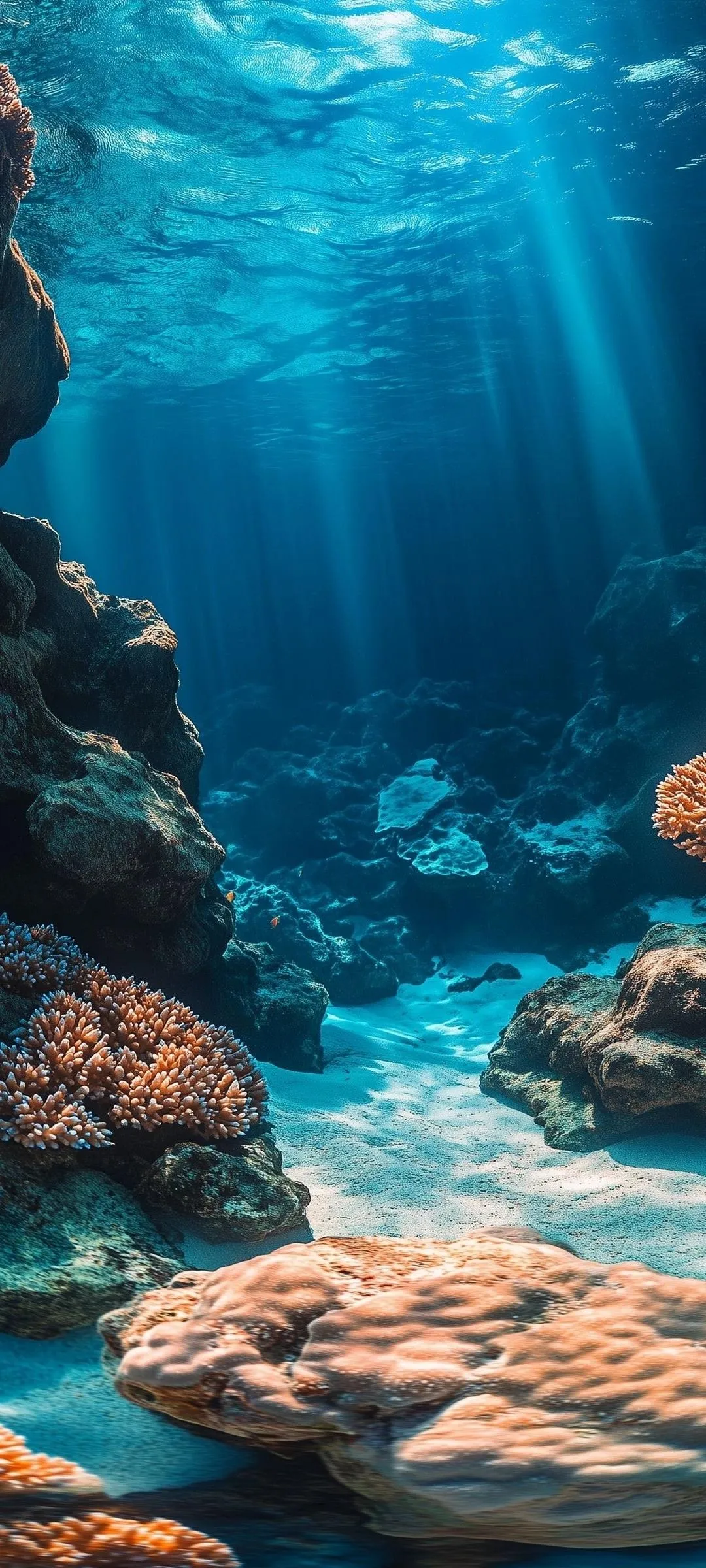 Underwater Scene with Blue Water and Rocks Mobile Wallpaper