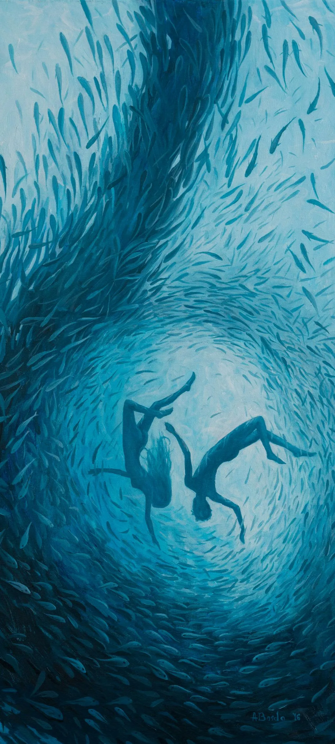 Underwater View of Two Divers Swimming in Blue Ocean Mobile