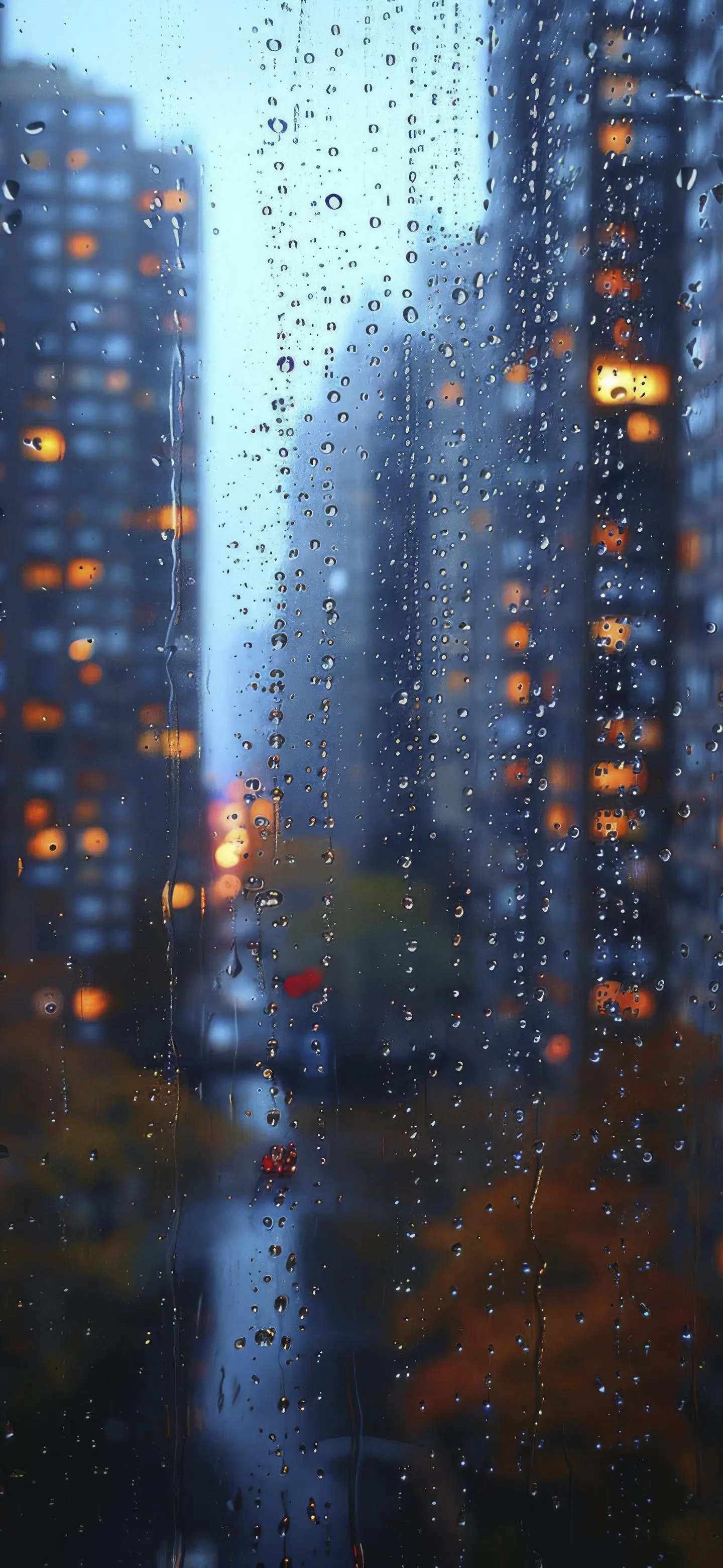 Urban Cityscape in Rain with Bokeh Light Reflection