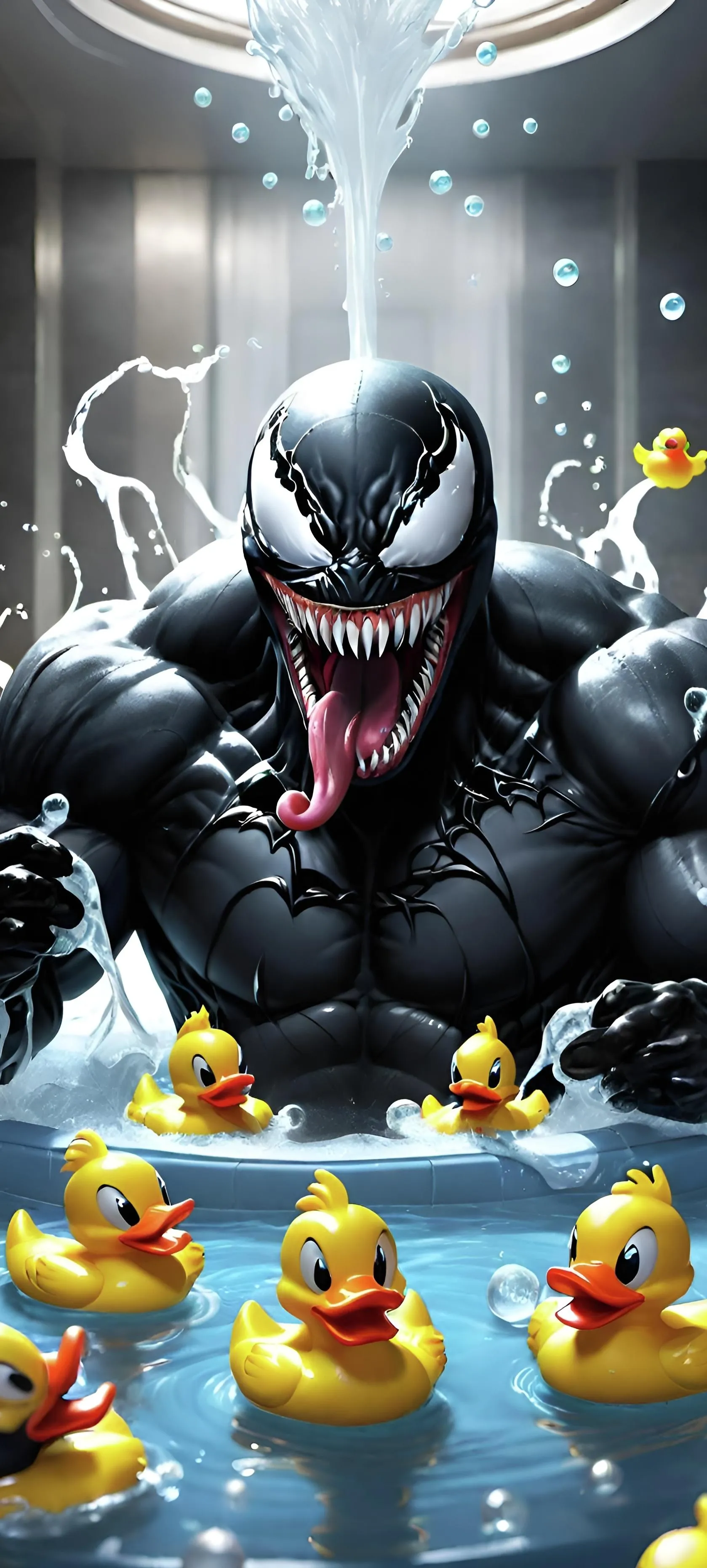 Venom Surrounded by Rubber Ducks in Bathtub Scene Wallpaper