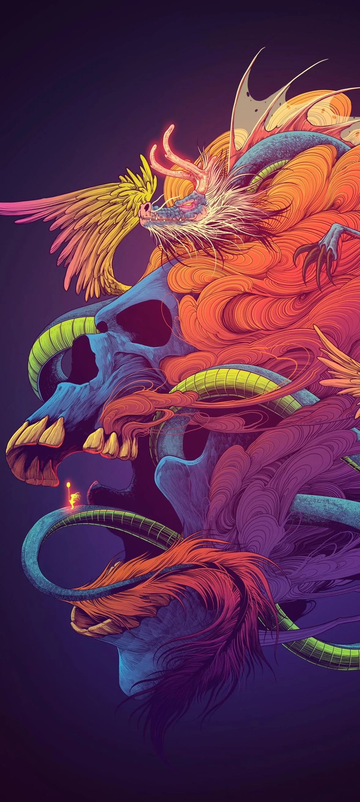 Vibrant Abstract Dragon Art with Fiery Background free image