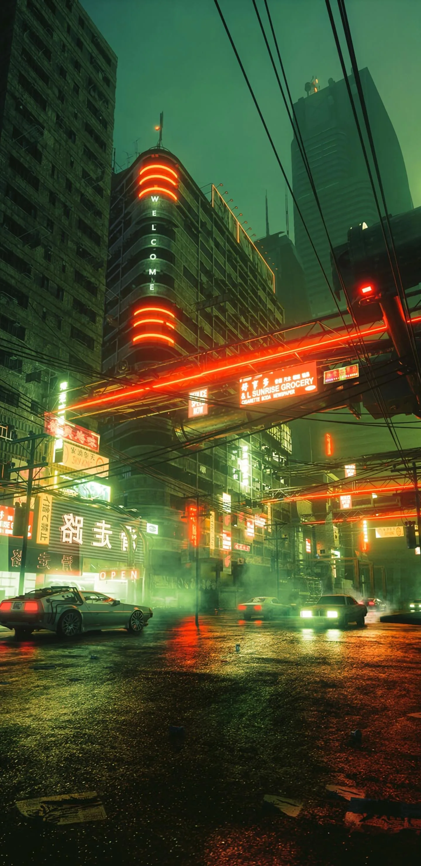 Vibrant City Street at Night with Neon Light Reflections