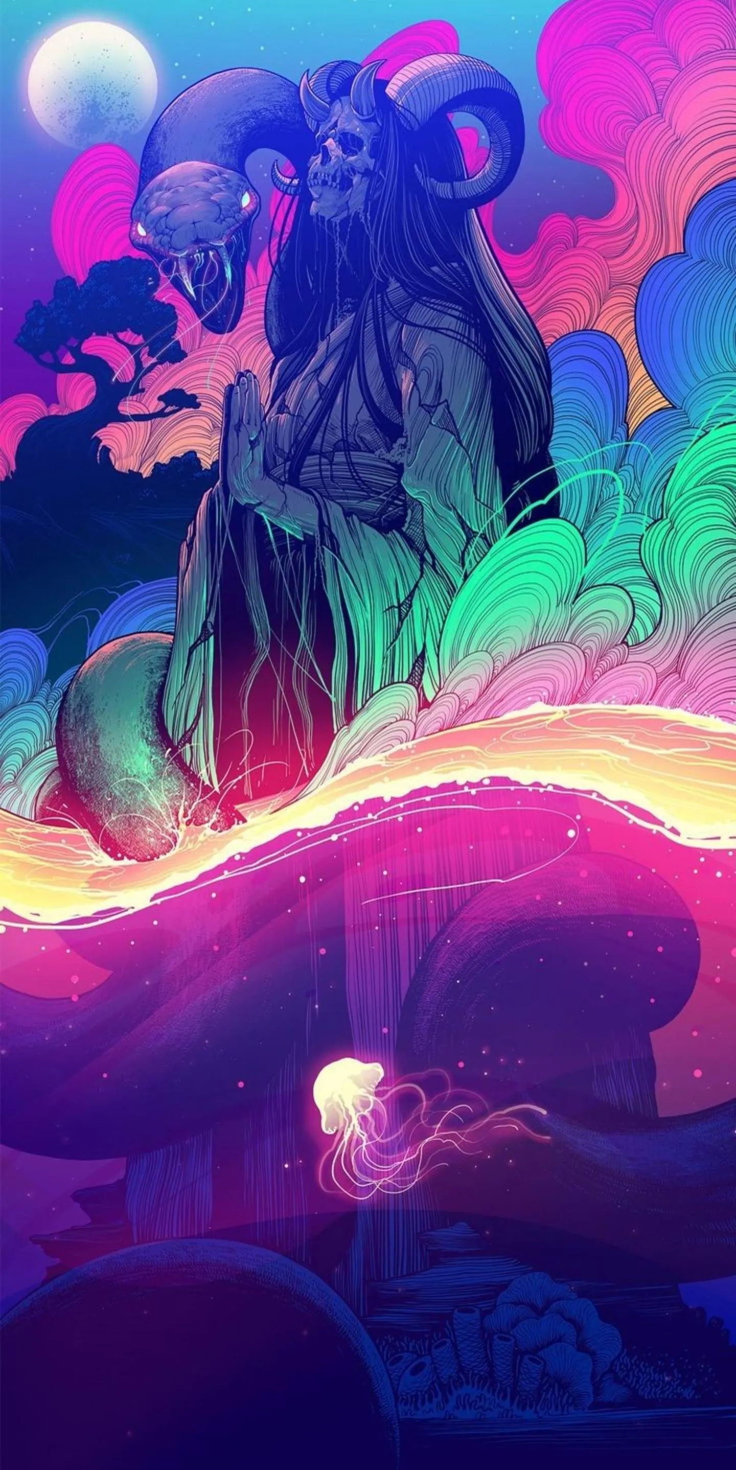 Vibrant Fantasy Digital Art with Bright Neon Colors