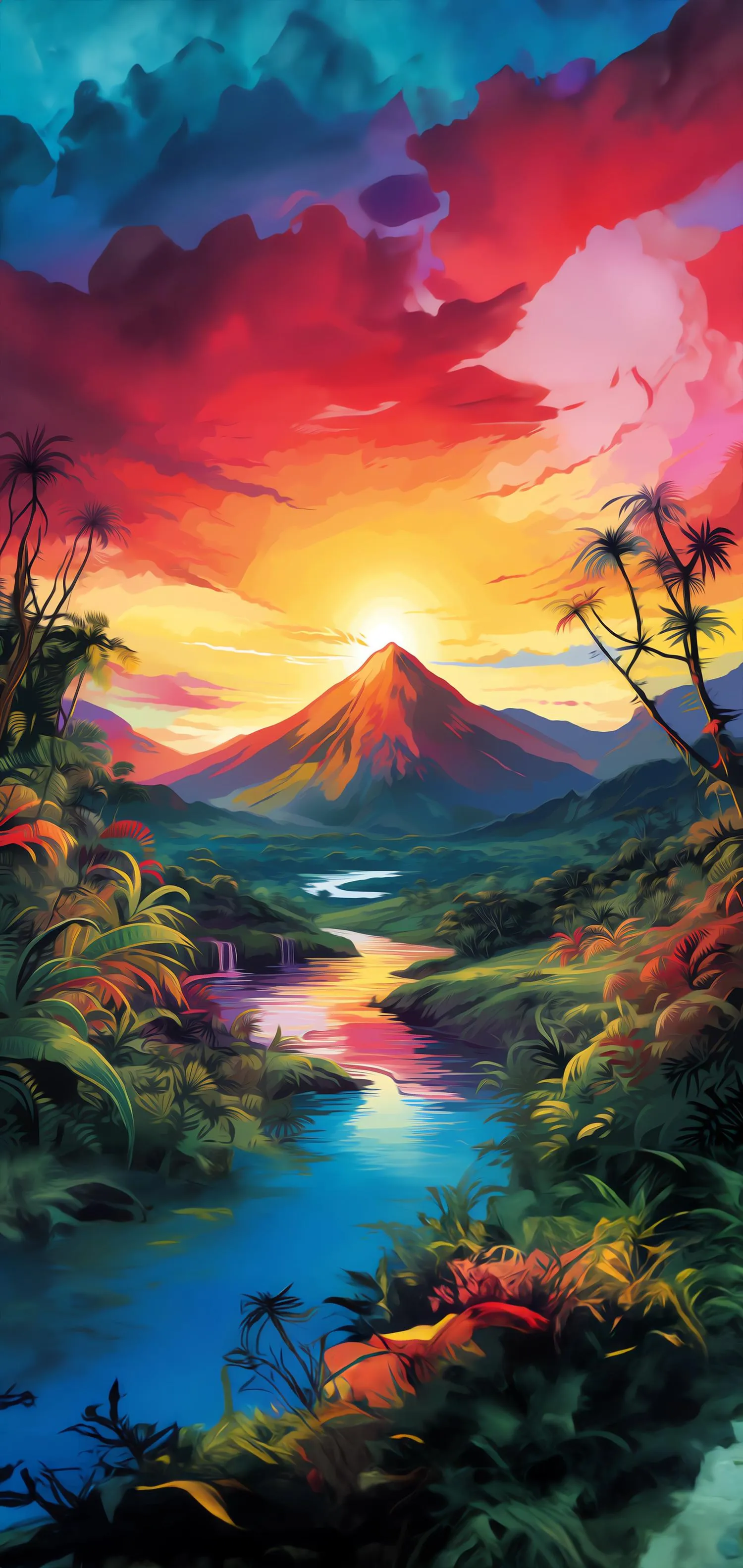 Vibrant Painting of Mountains and Sky with Lively Colors