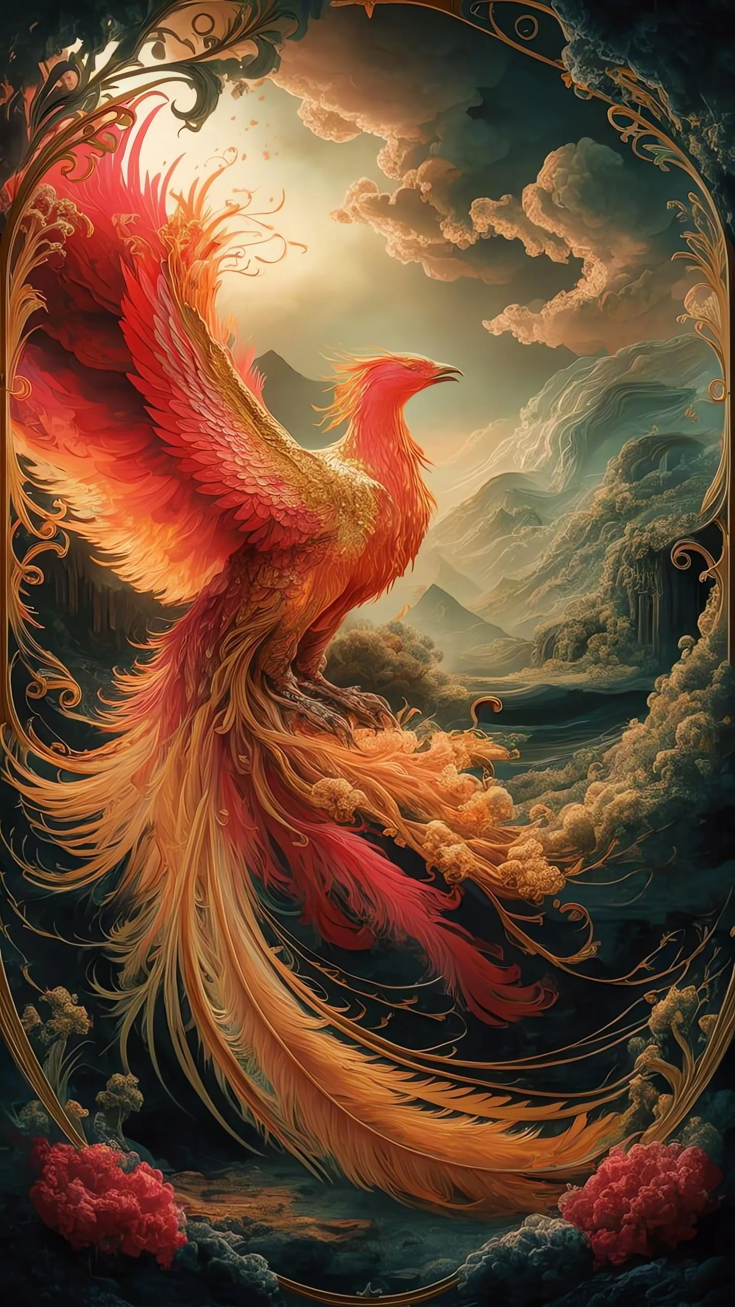 Vibrant Phoenix Bird Rising from Flames in Artistic Style
