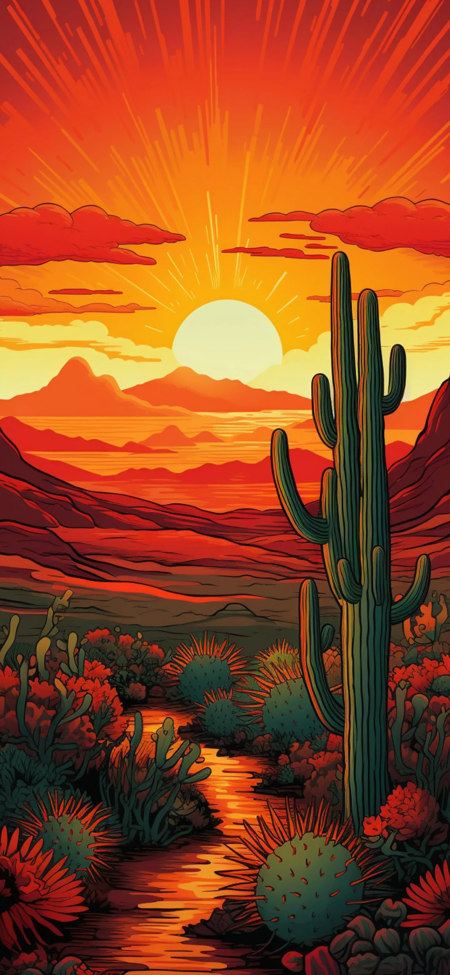 Vibrant Sunset with Cactus in Desert Landscape Wallpaper
