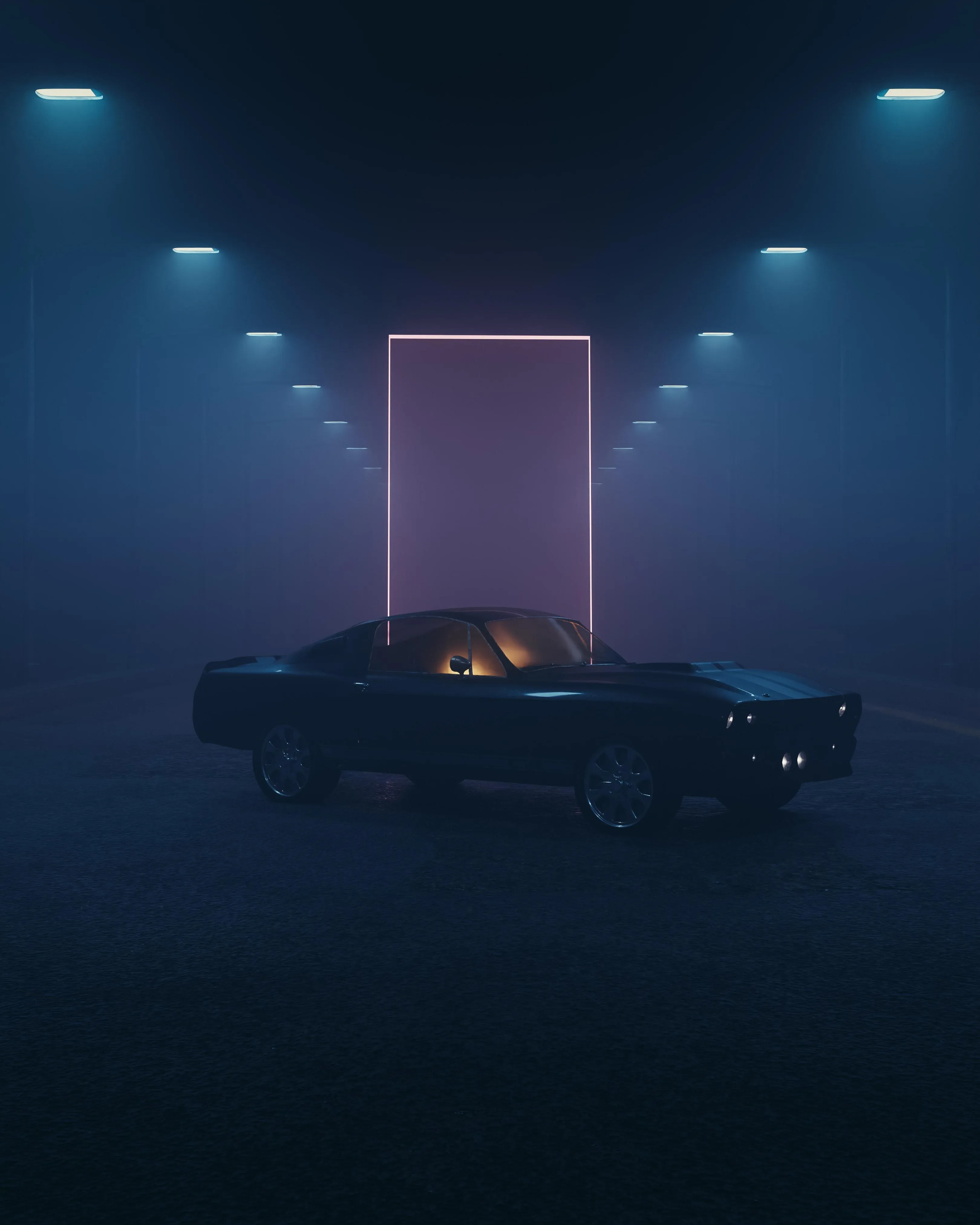 Vintage Car Under Neon Lights in Foggy Night Scene Wallpaper