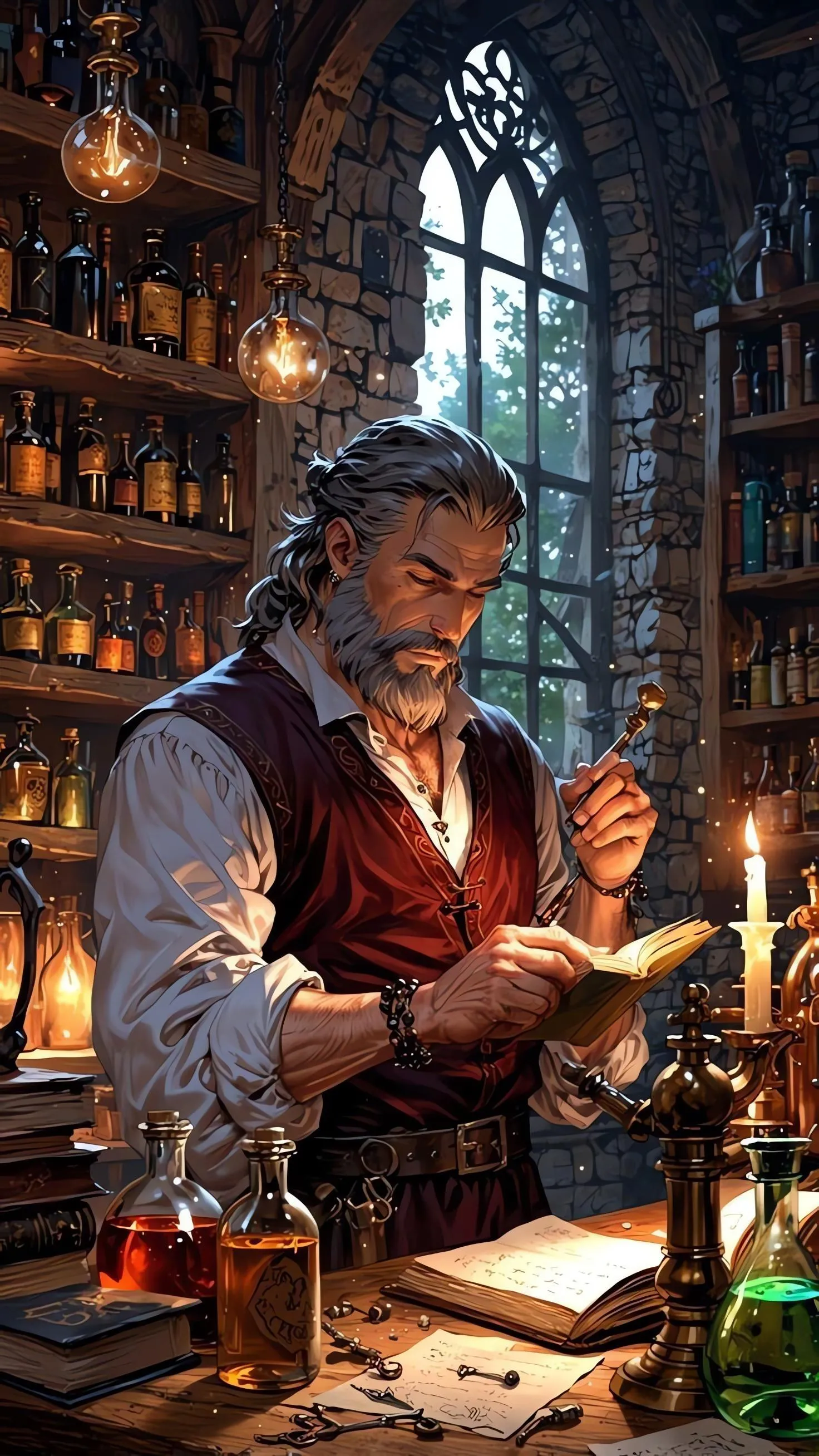 Vintage scene of an old man working with candlelight