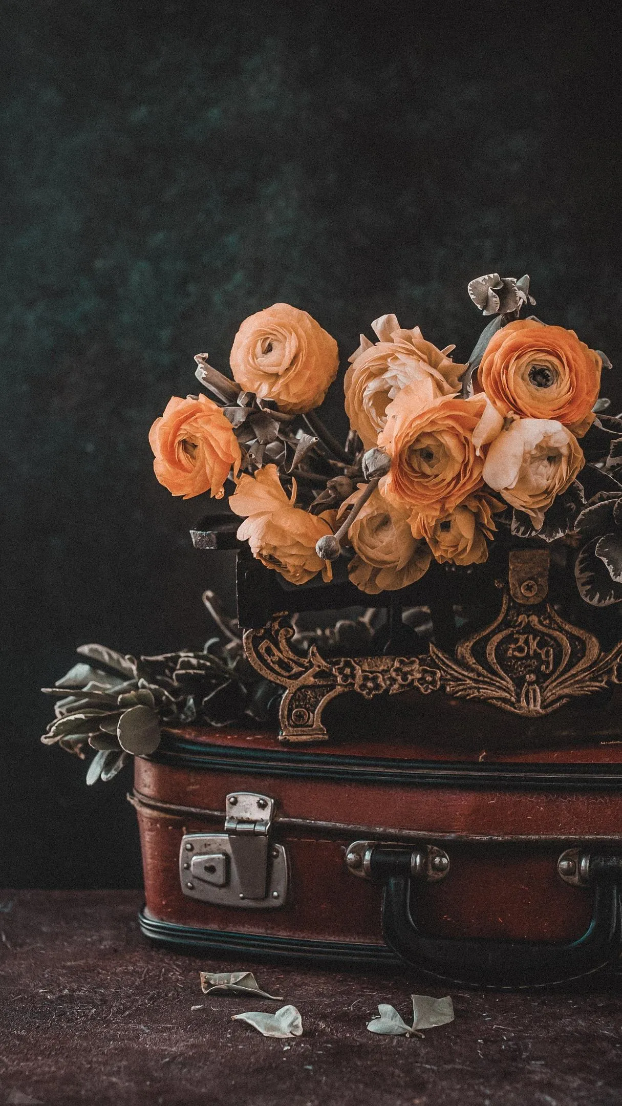 Vintage Suitcase with Peach Flowers and Dark Background Mobile