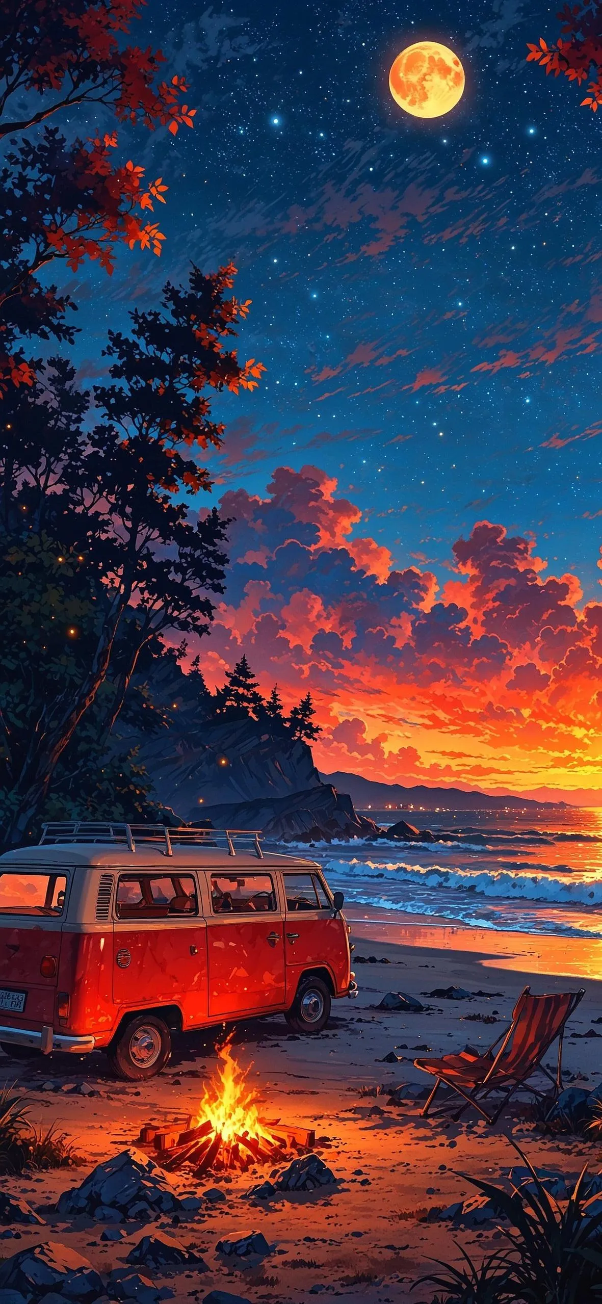 Vintage Van Parked Beside Vibrant Sunset Mountain View