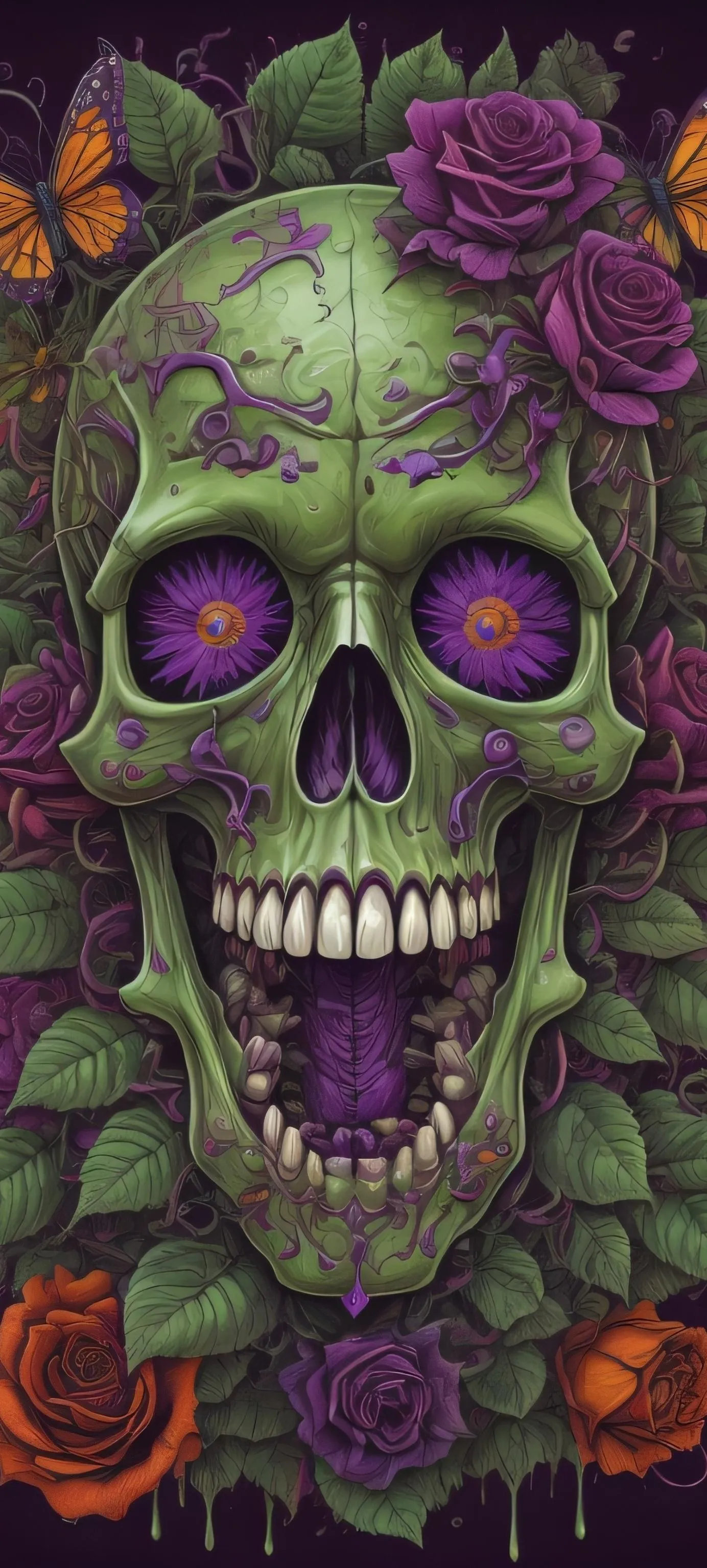Vivid Green Skull Surrounded by Roses in Artistic Style
